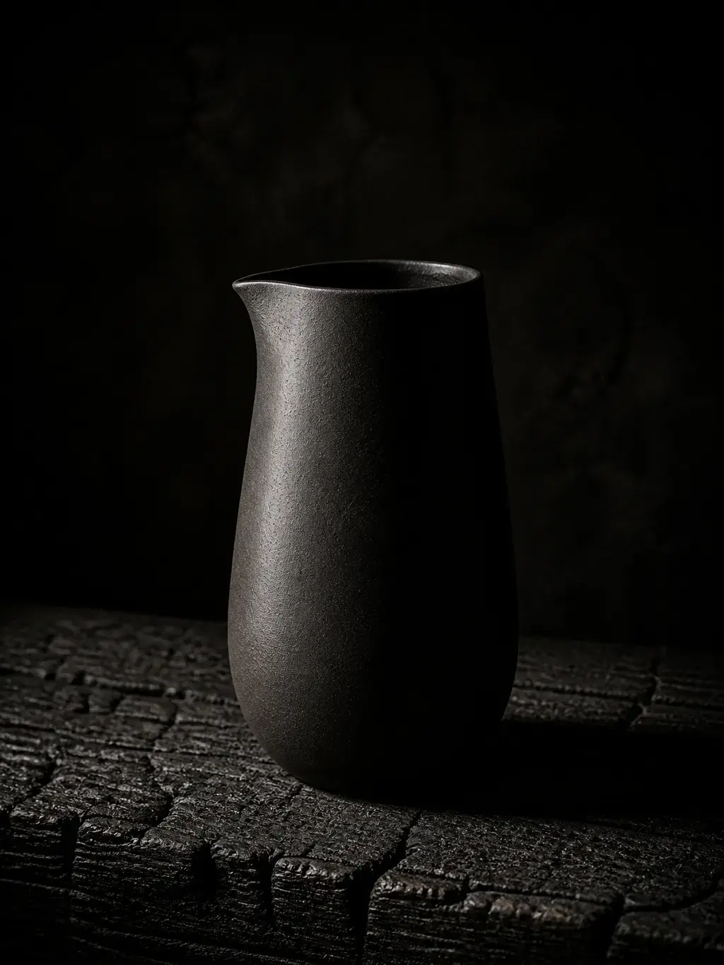 Pichet en céramique noire mate sur bois carbonisé fond sombre