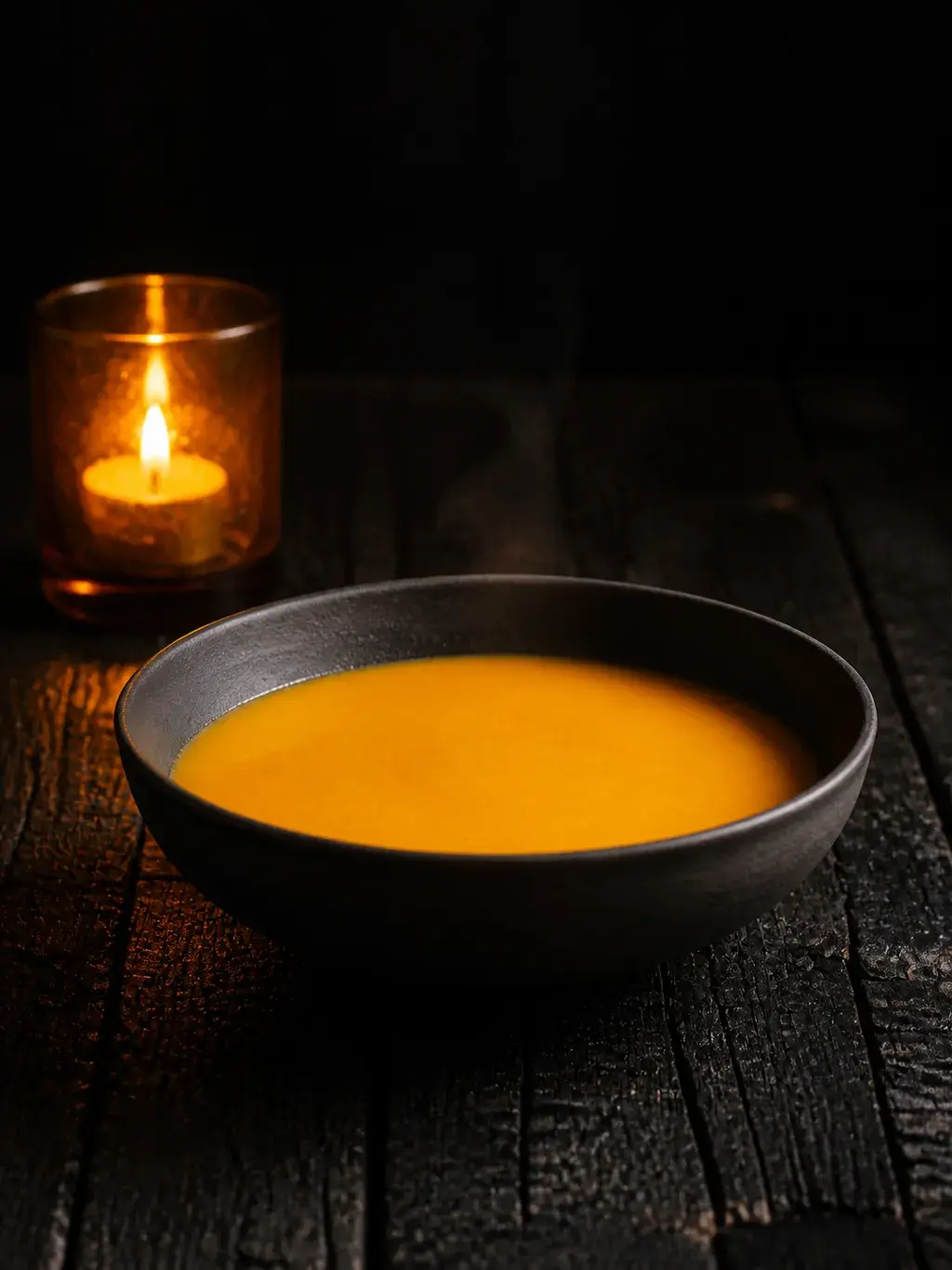 Bol en céramique noire avec velouté orange à la lueur d'une bougie