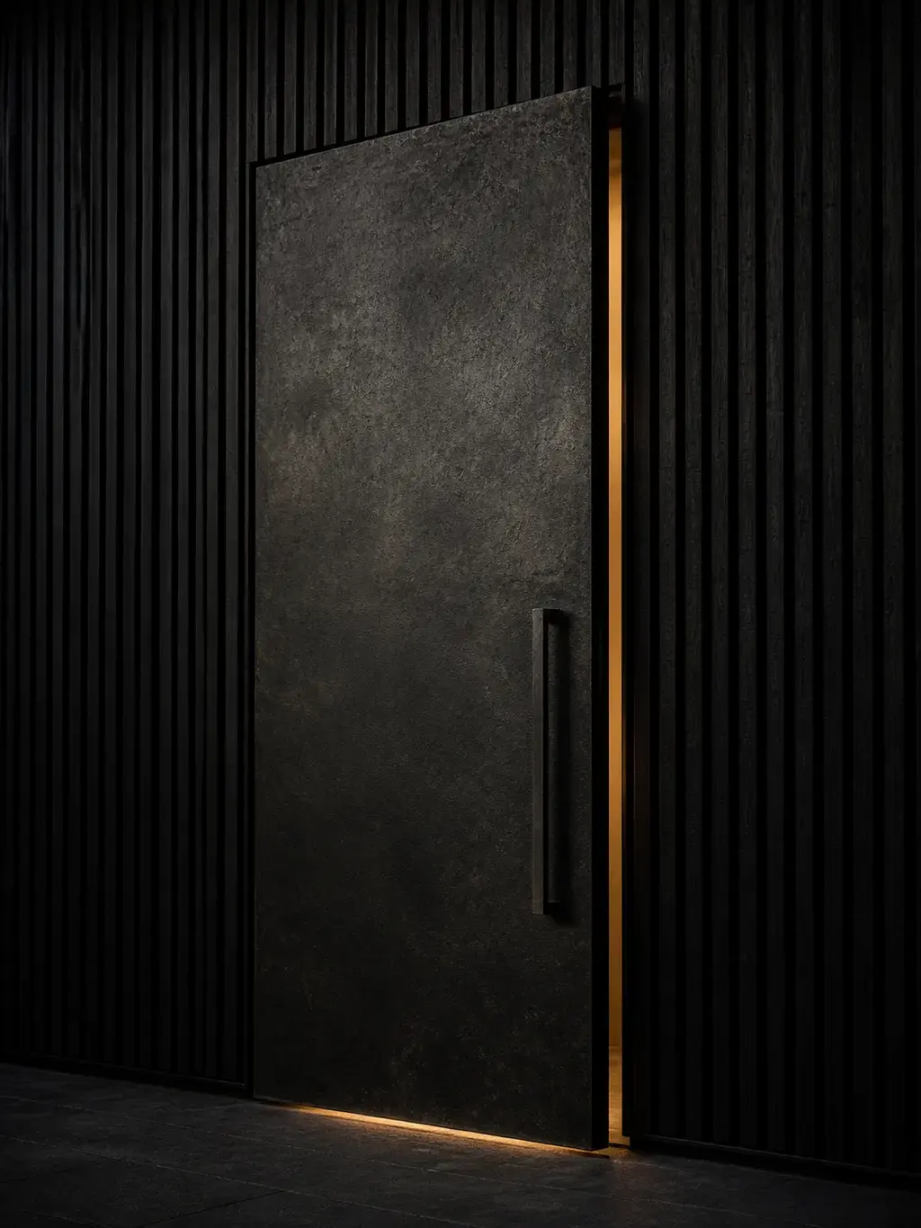 Porte en métal noir texturé avec liseré doré sur boiseries noires