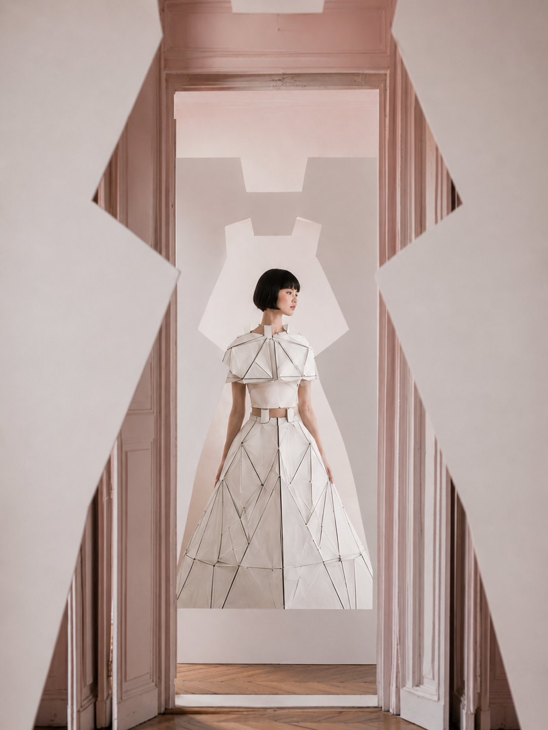 Femme en tenue origami vue de face dans découpe en forme de robe – salon haussmannien rose