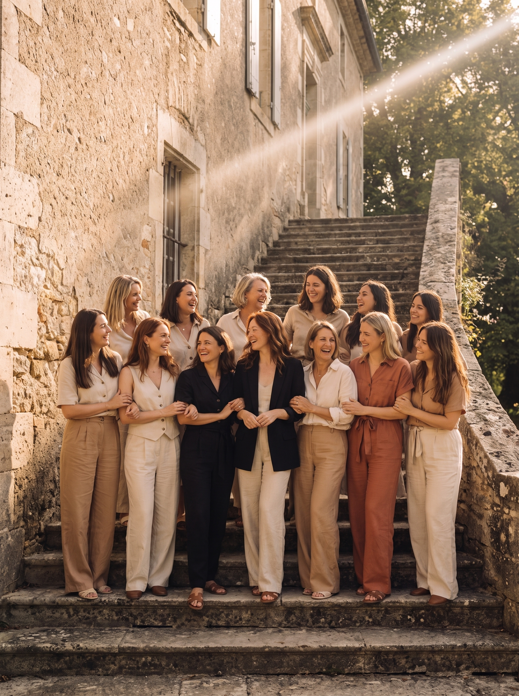 Grand groupe de femmes souriant sur les marches d'un manoir en pierre à la lumière dorée