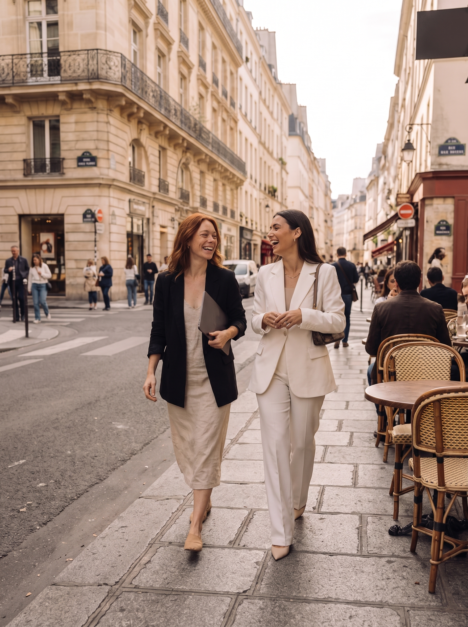 Deux femmes marchant et riant ensemble dans une rue parisienne