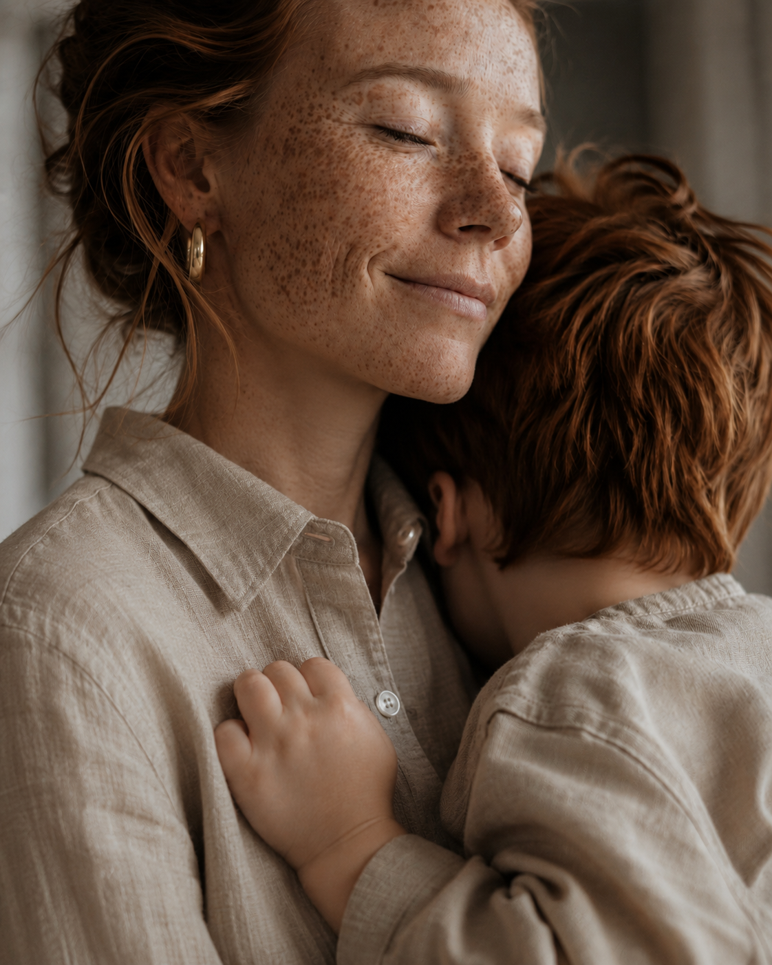 Mère aux taches de rousseur souriant les yeux fermés serrant son enfant roux – intérieur lin beige