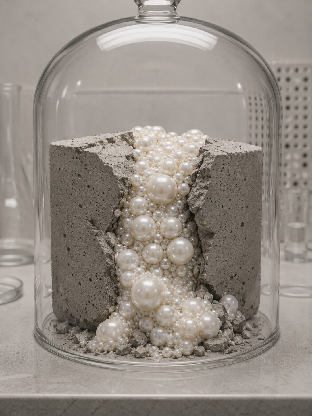 Bloc de béton fissuré laissant jaillir des perles de culture sous une cloche en verre, paillasse de laboratoire