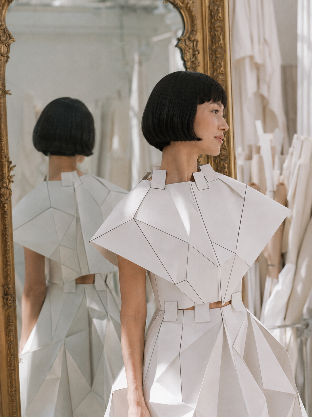 Femme en top origami devant miroir doré – reflet et portant de robes en fond