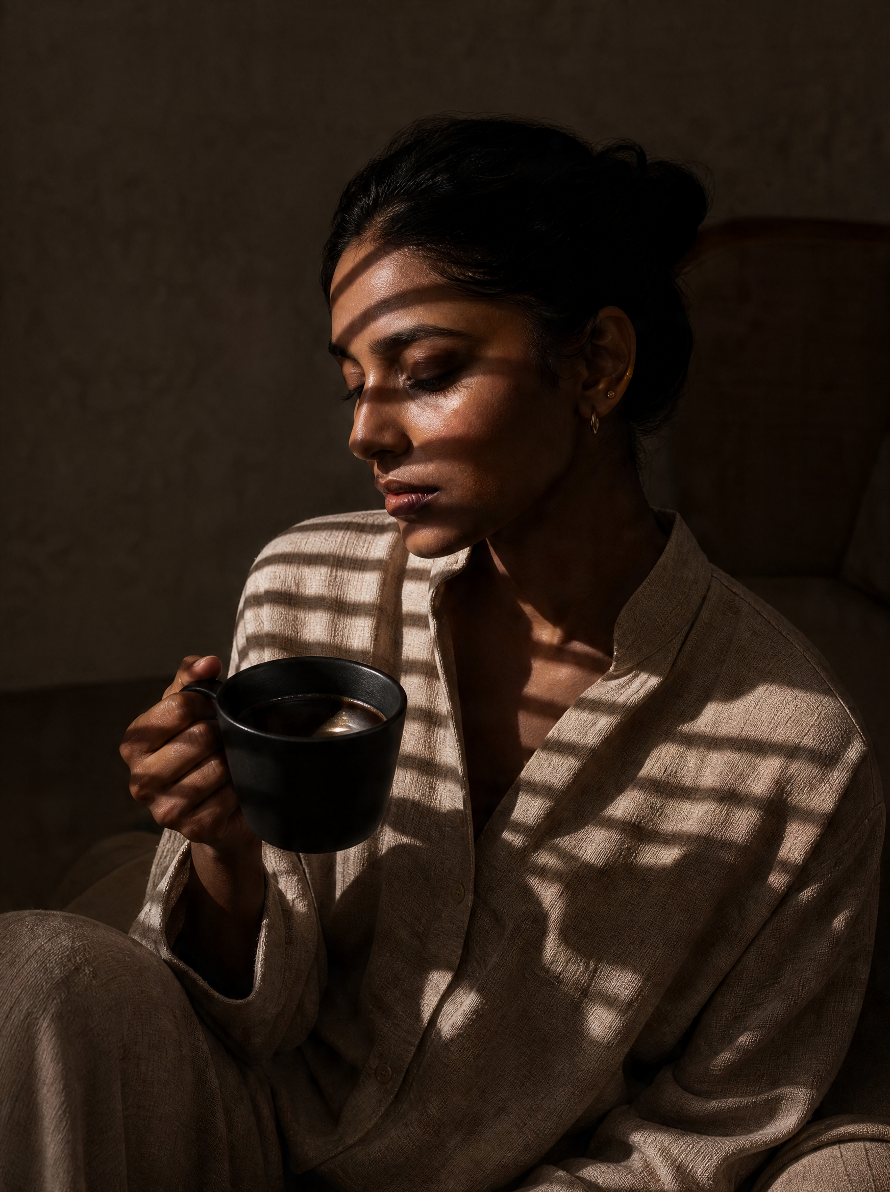 Femme tenant mug café – ombres rayées soleil, portrait intérieur contrasté, chemise lin