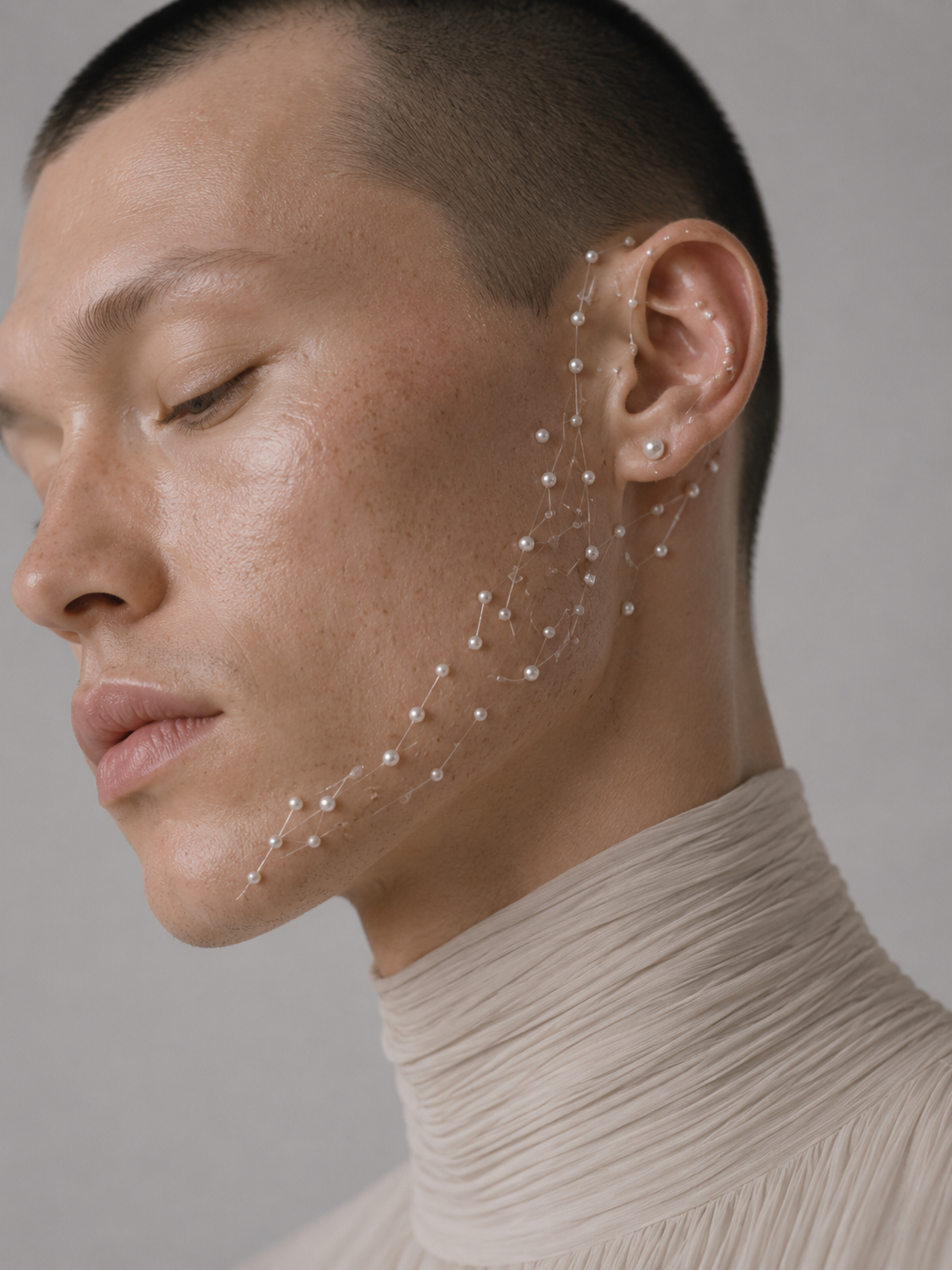 Portrait masculin de profil, constellation de fils de perles courant le long de la joue, mode éditoriale