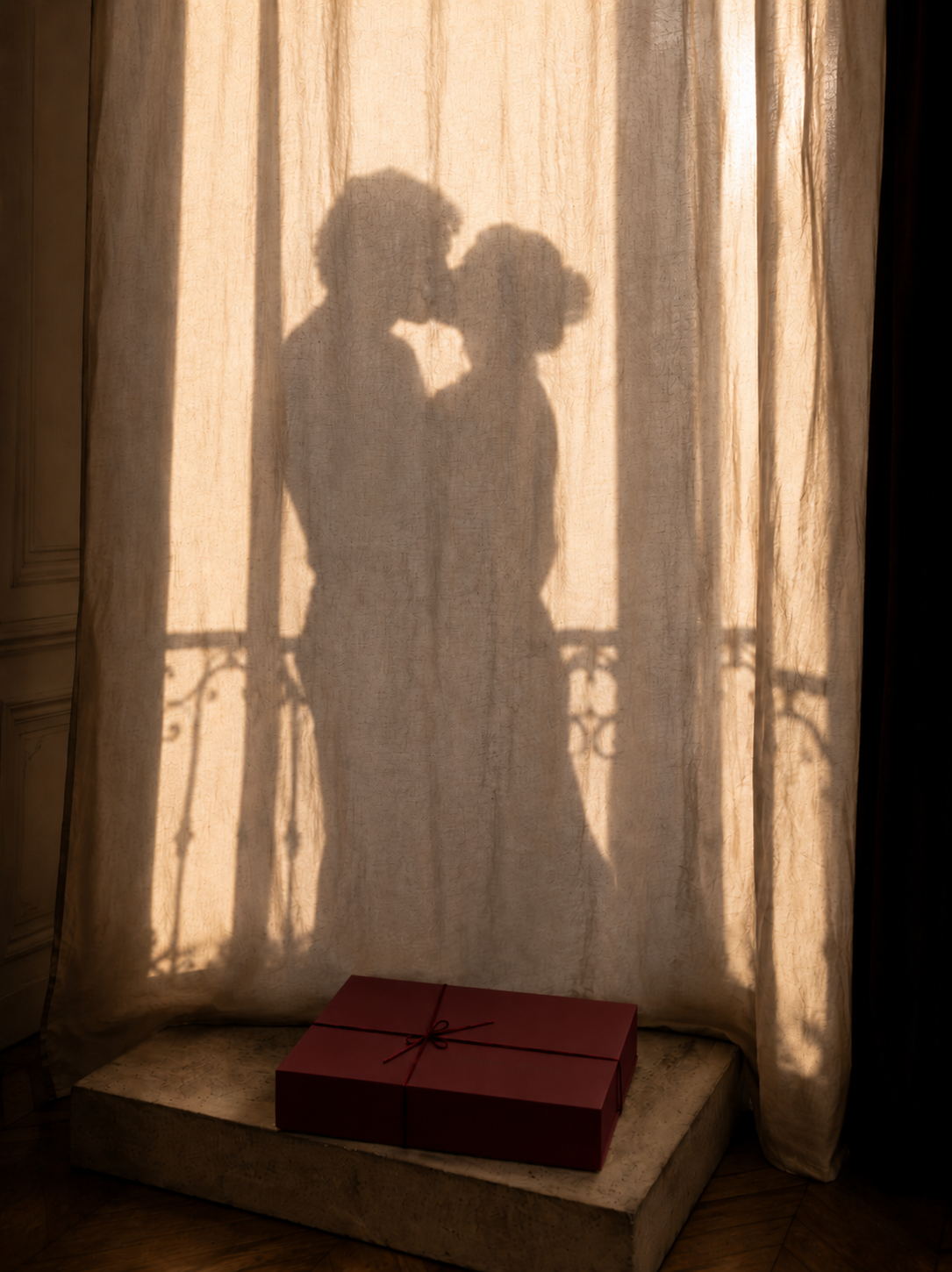 Ombres de couple s'embrassant projetées sur voilage lin devant fenêtre parisienne, boîte cadeau Valentine rouge au sol