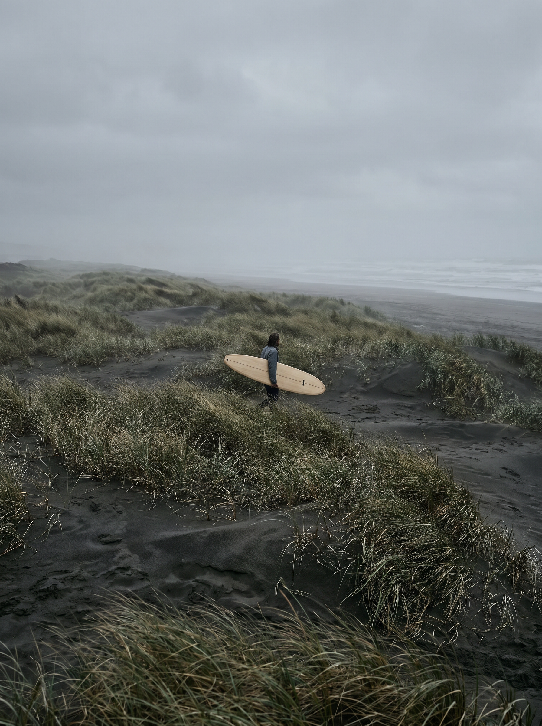 Surfeur portant une planche en bois marchant dans les dunes côtières sous ciel gris