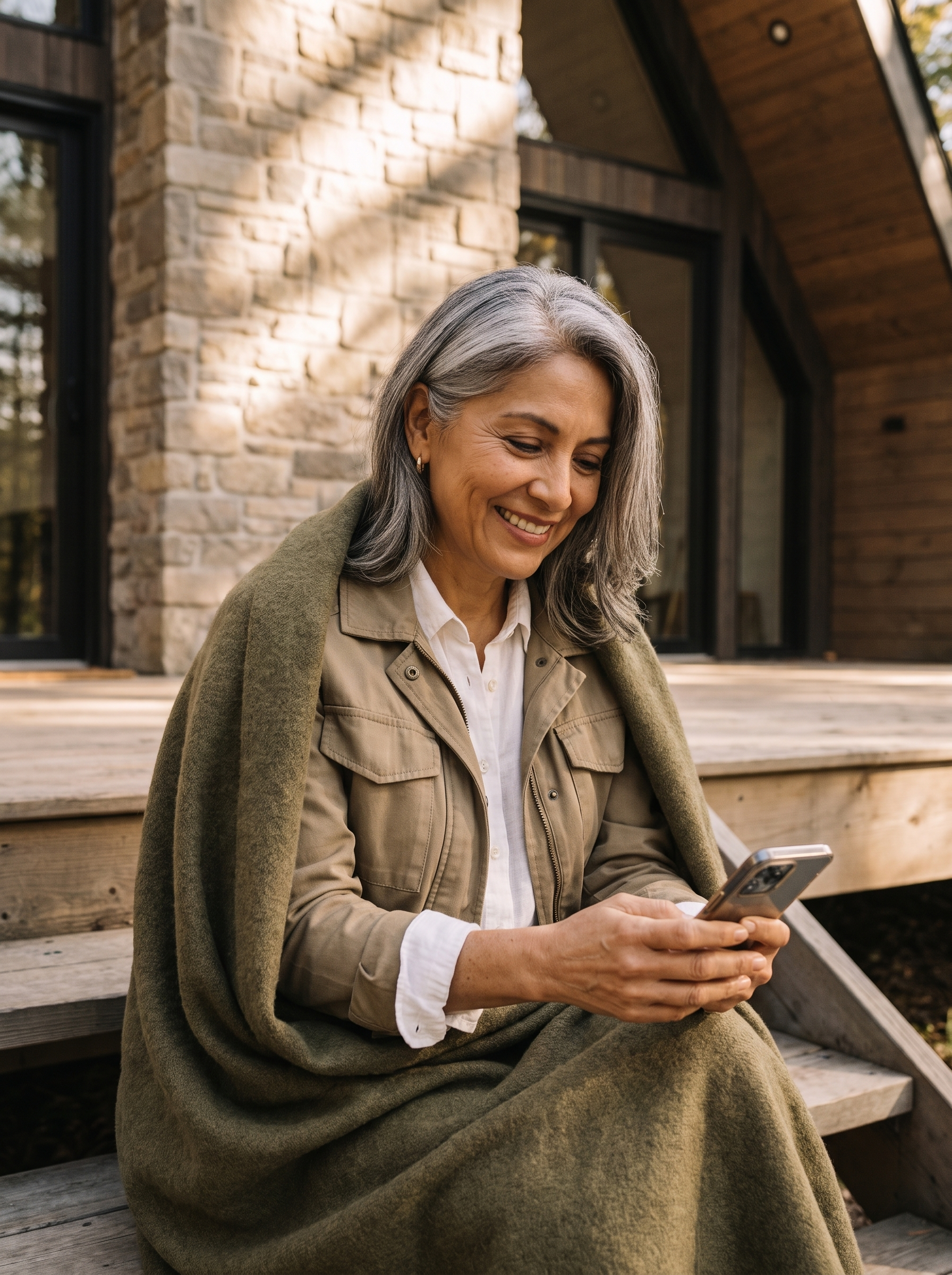 Femme senior aux cheveux gris souriante avec son téléphone sur les marches d'un chalet