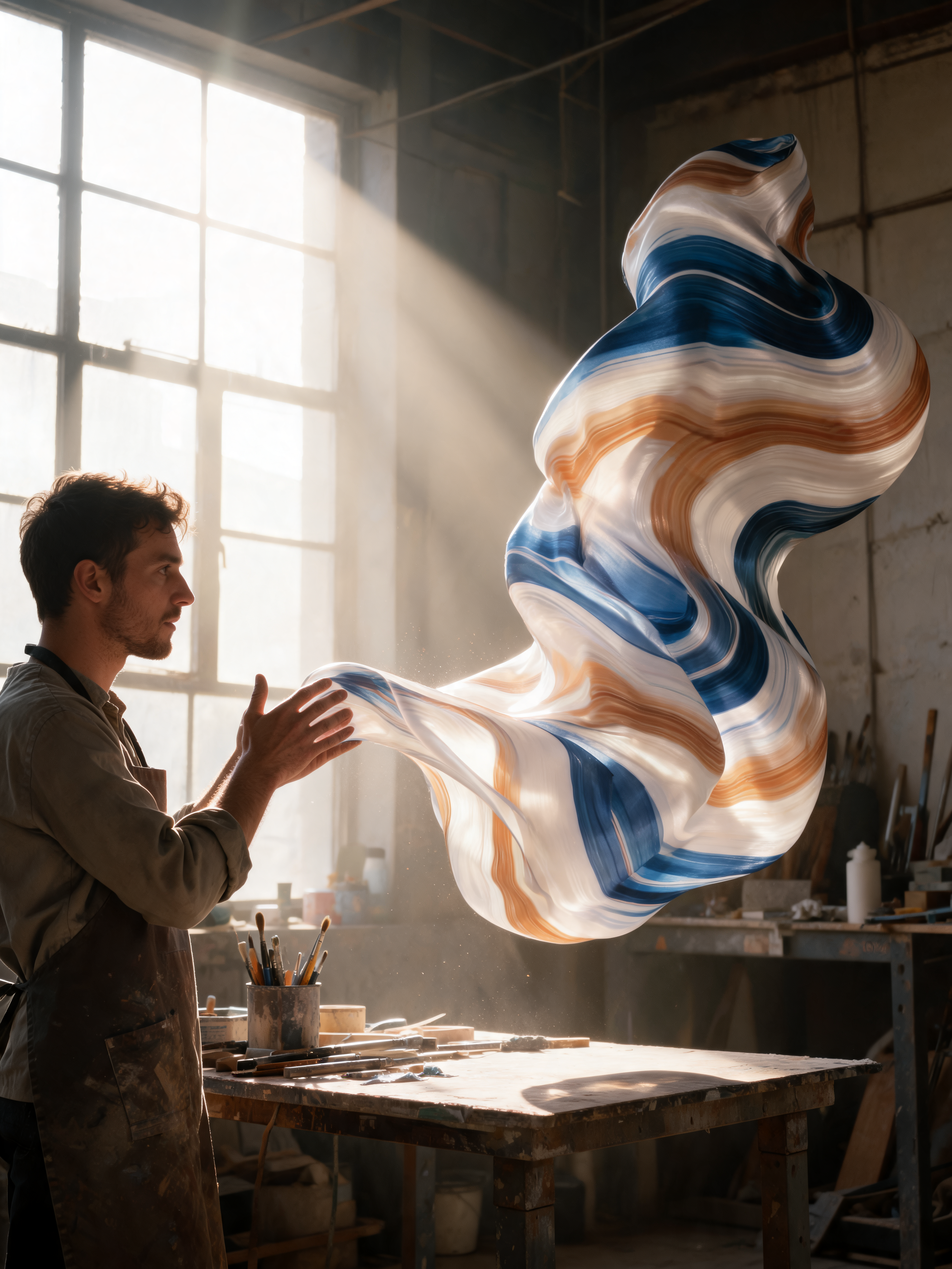 Artiste en atelier manipulant forme de matière marbré flottante – lumière fenêtre, création
