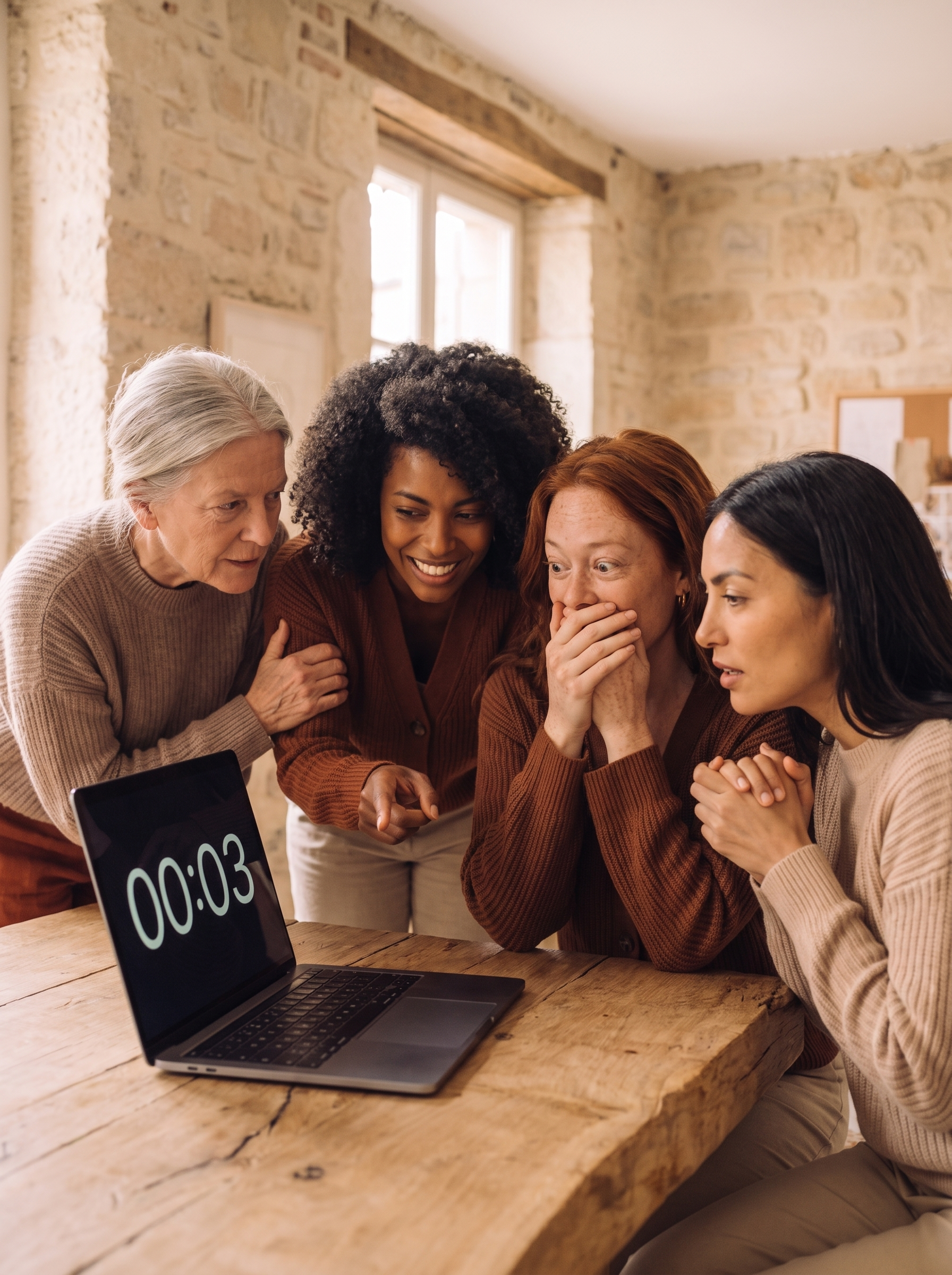 Quatre femmes retenant leur souffle devant un compte à rebours sur laptop dans leur atelier