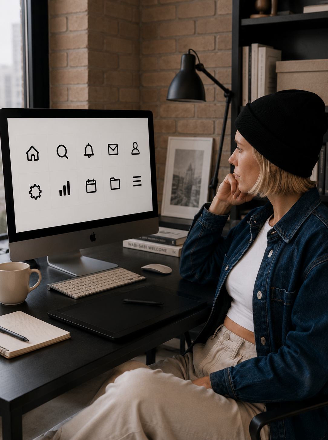 Directrice artistique en pose réflexive devant iMac affichant une grille d'icônes UI linéaires dans un studio loft brique