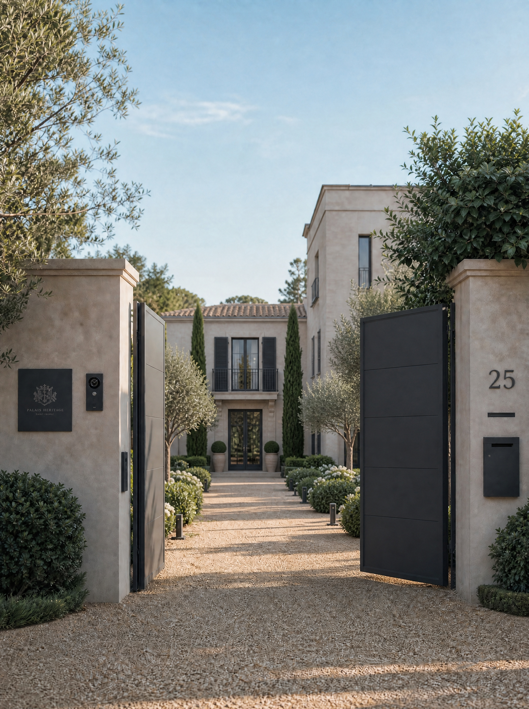 Portail de villa provençale ouvert sur allée en gravier avec cyprès, oliviers et façade enduite beige