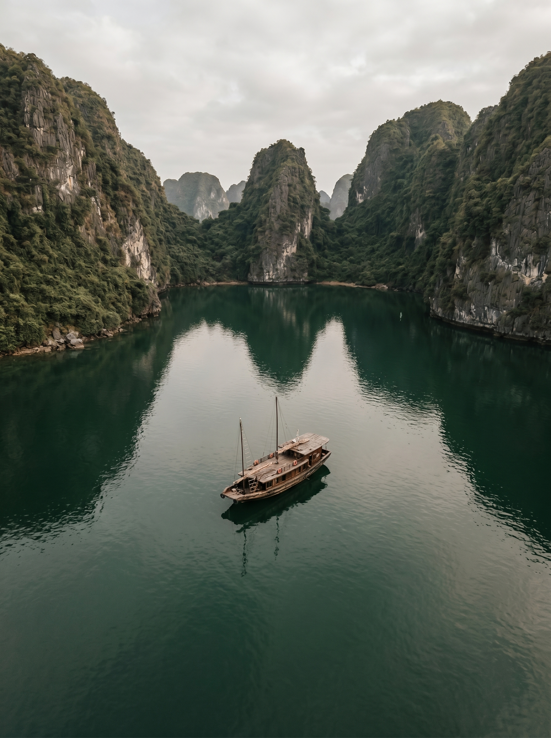 Vue aérienne de la Baie d'Halong — jonque solitaire reflétée dans l'eau émeraude entre karsts couverts de végétation