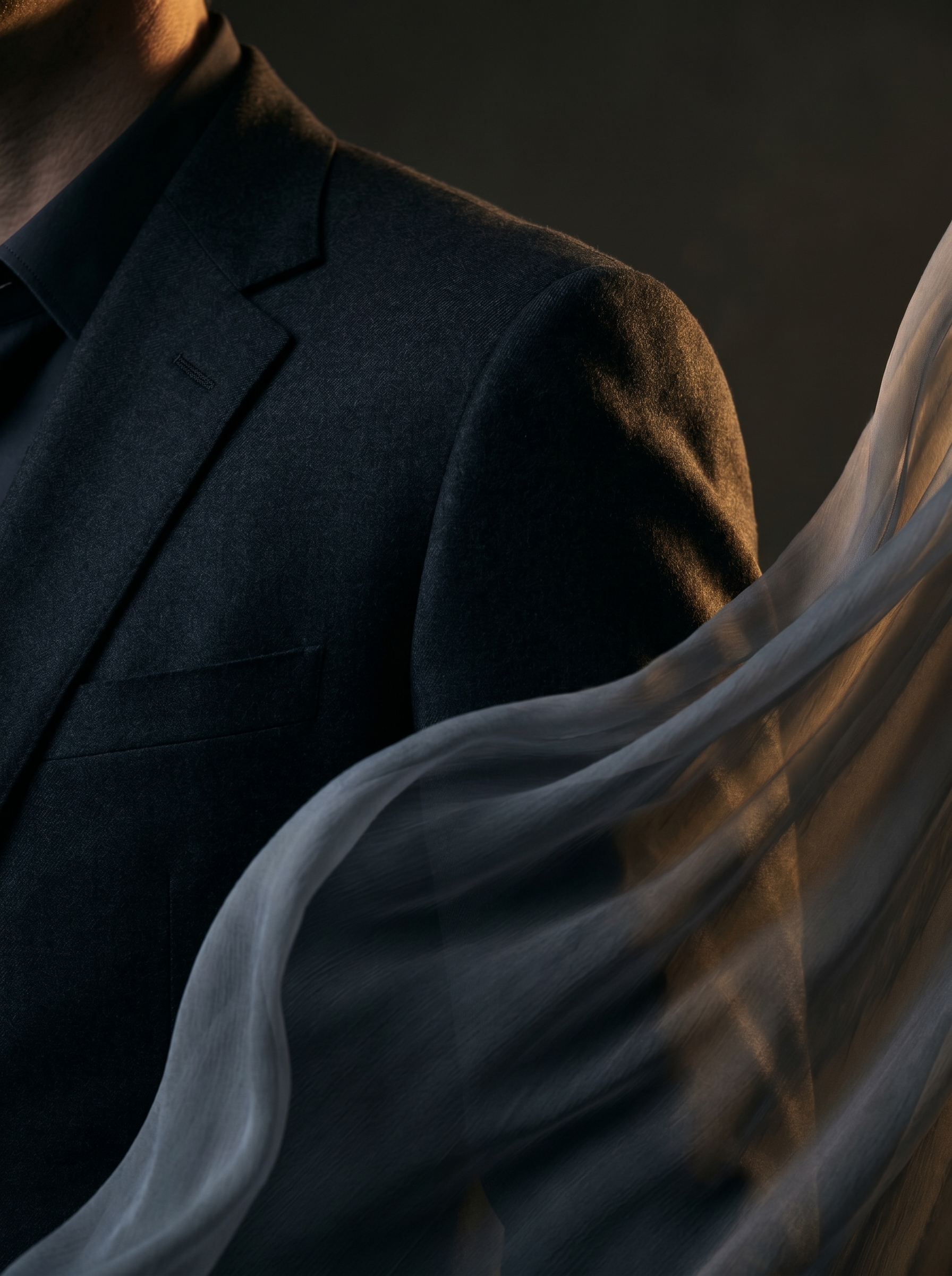 Buste homme en costume noir – voile gaze flottant en premier plan, lumière chaude directionnelle