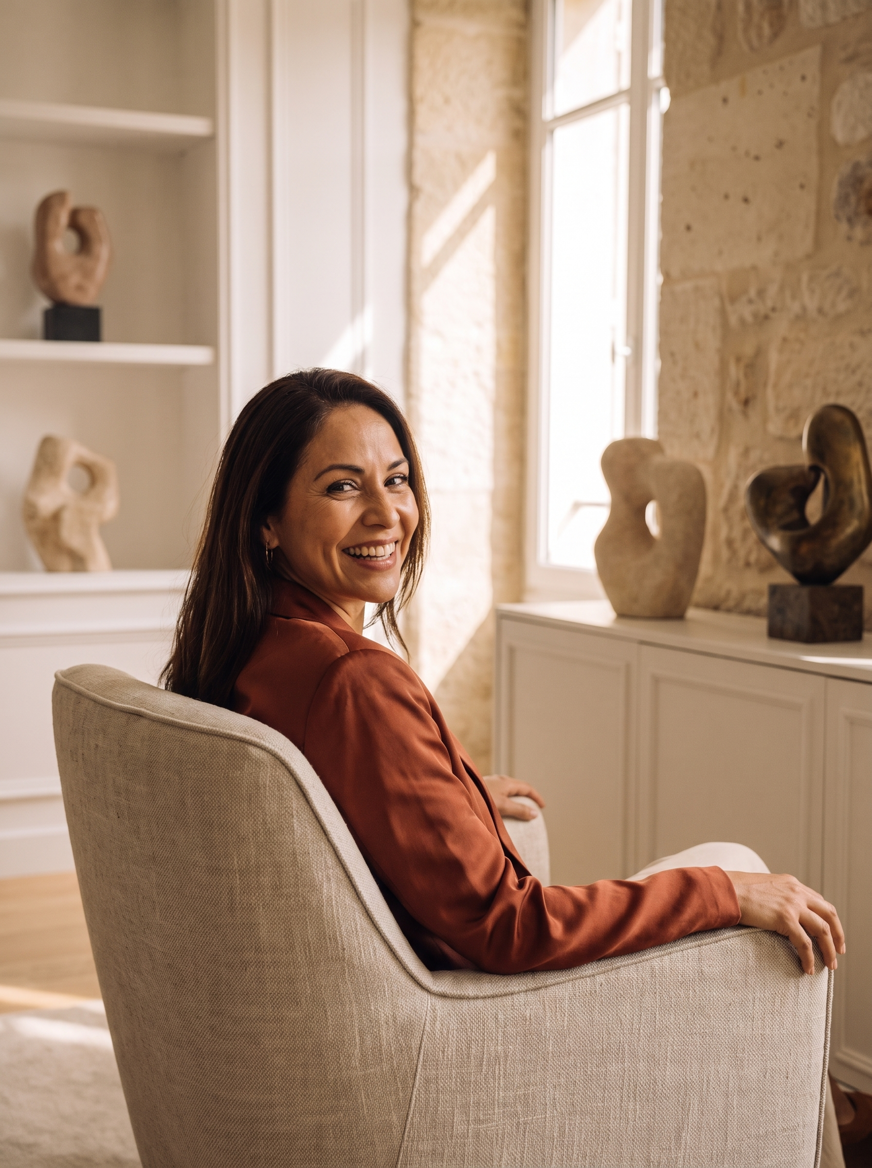 Femme brune en blazer terracotta assise dans un fauteuil avec des sculptures