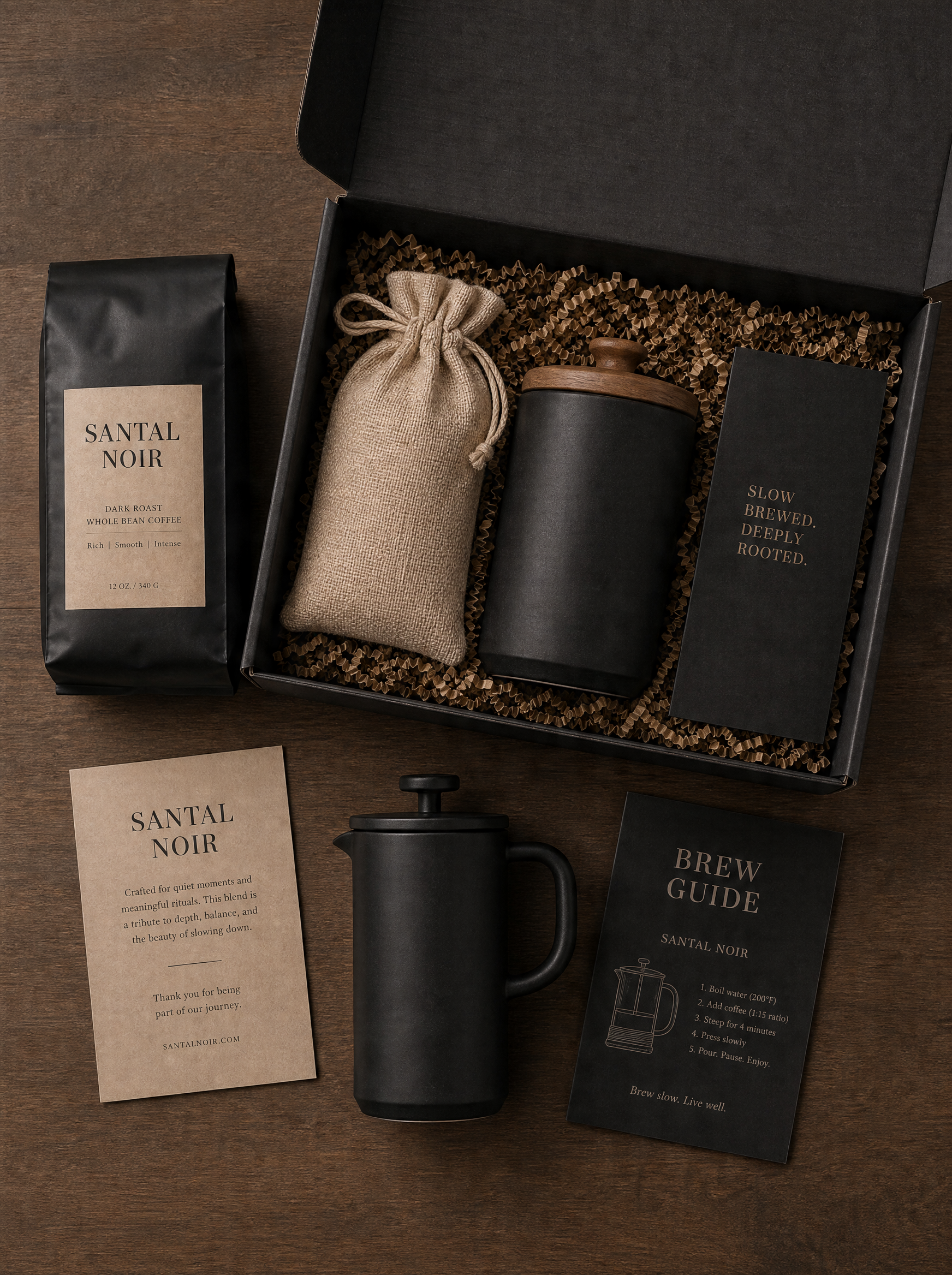 Vue de dessus coffret café – presse française noire, sachet artisanal, pochon lin, guide préparation
