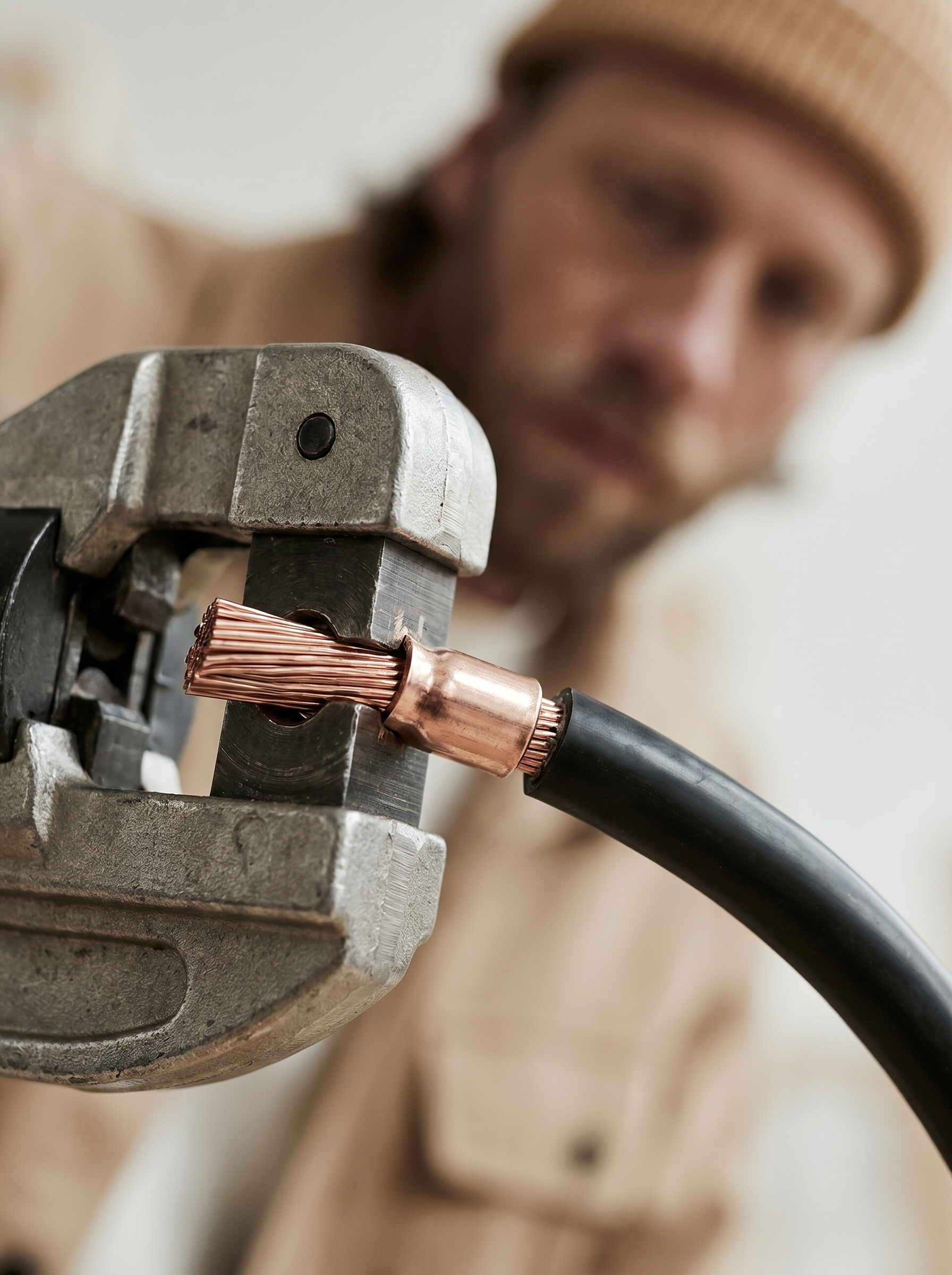 Pince à sertir comprimant l'embout cuivre d'un câble électrique noir en gros plan