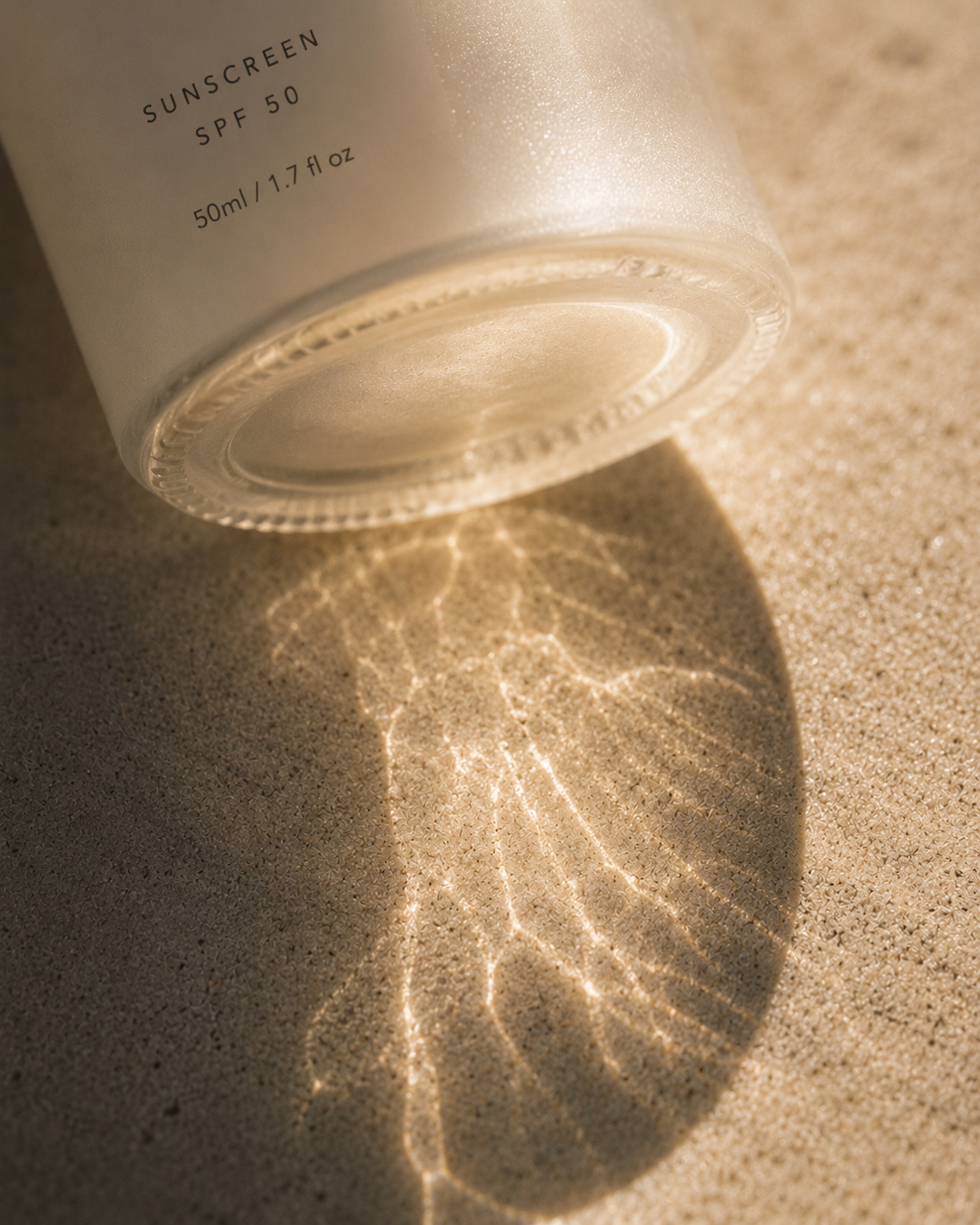 Flacon de crème solaire couché sur sable humide – reflets lumineux aquatiques en dessous