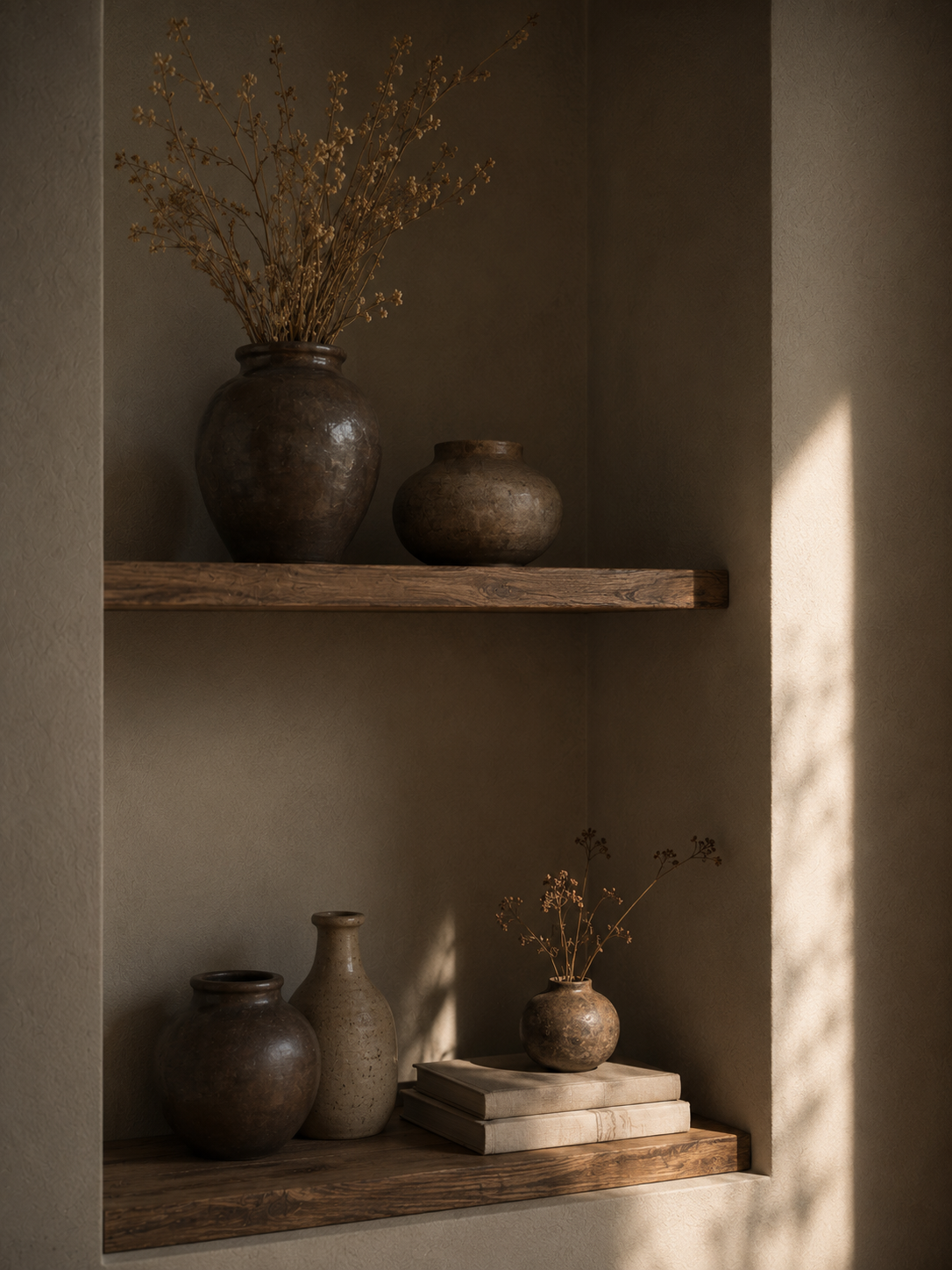 Étagère murale décorative, céramiques artisanales et bougies tons naturels