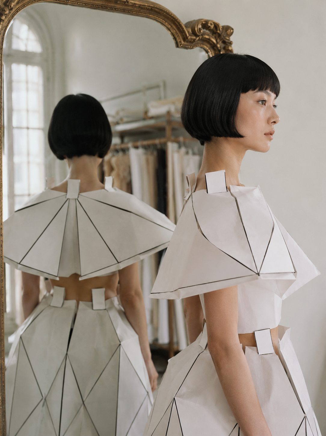 Femme en top origami de profil face à un miroir doré – reflet et atelier couture