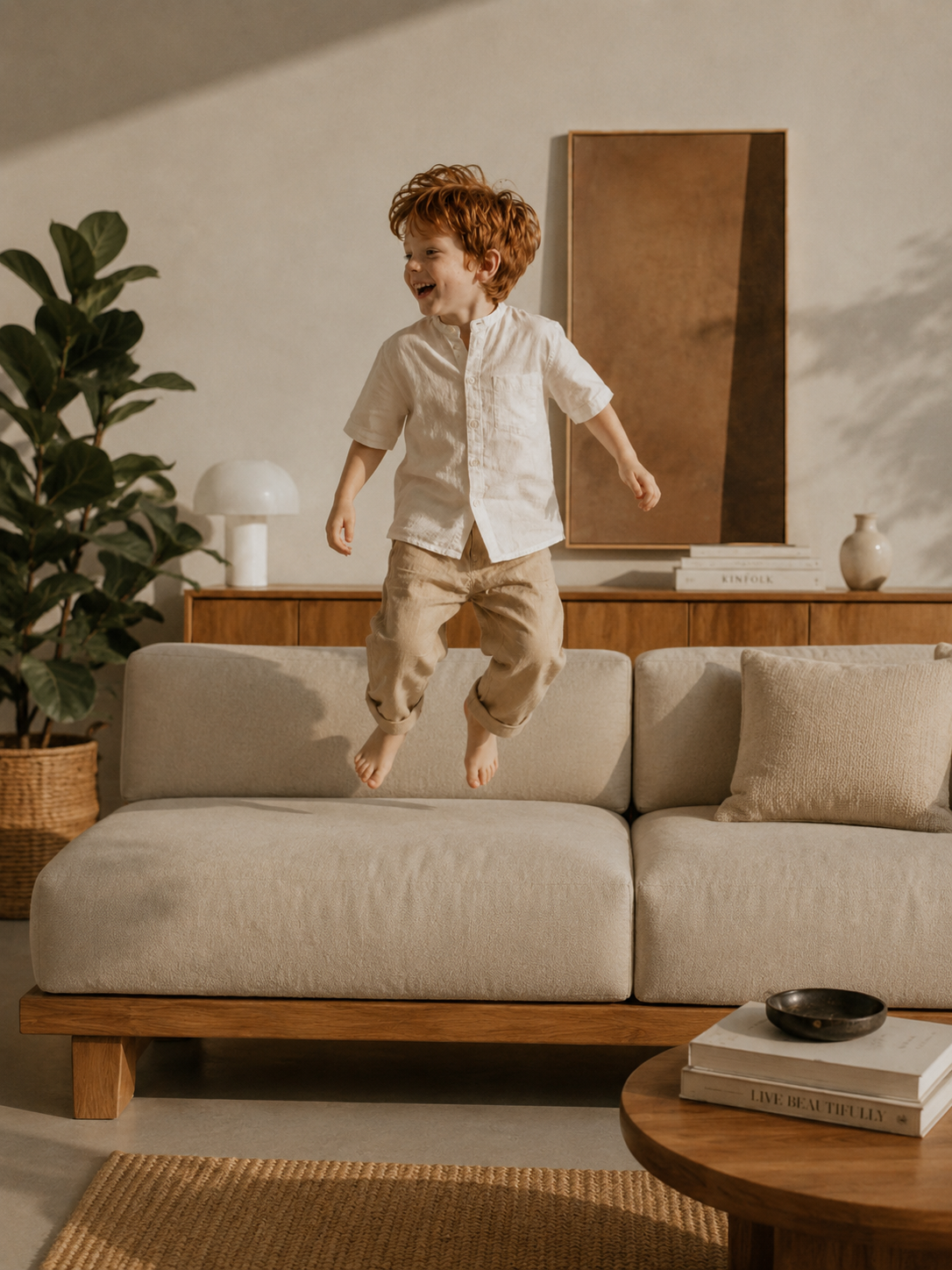 Enfant roux sautant sur un canapé beige – intérieur minimaliste avec plante et table basse