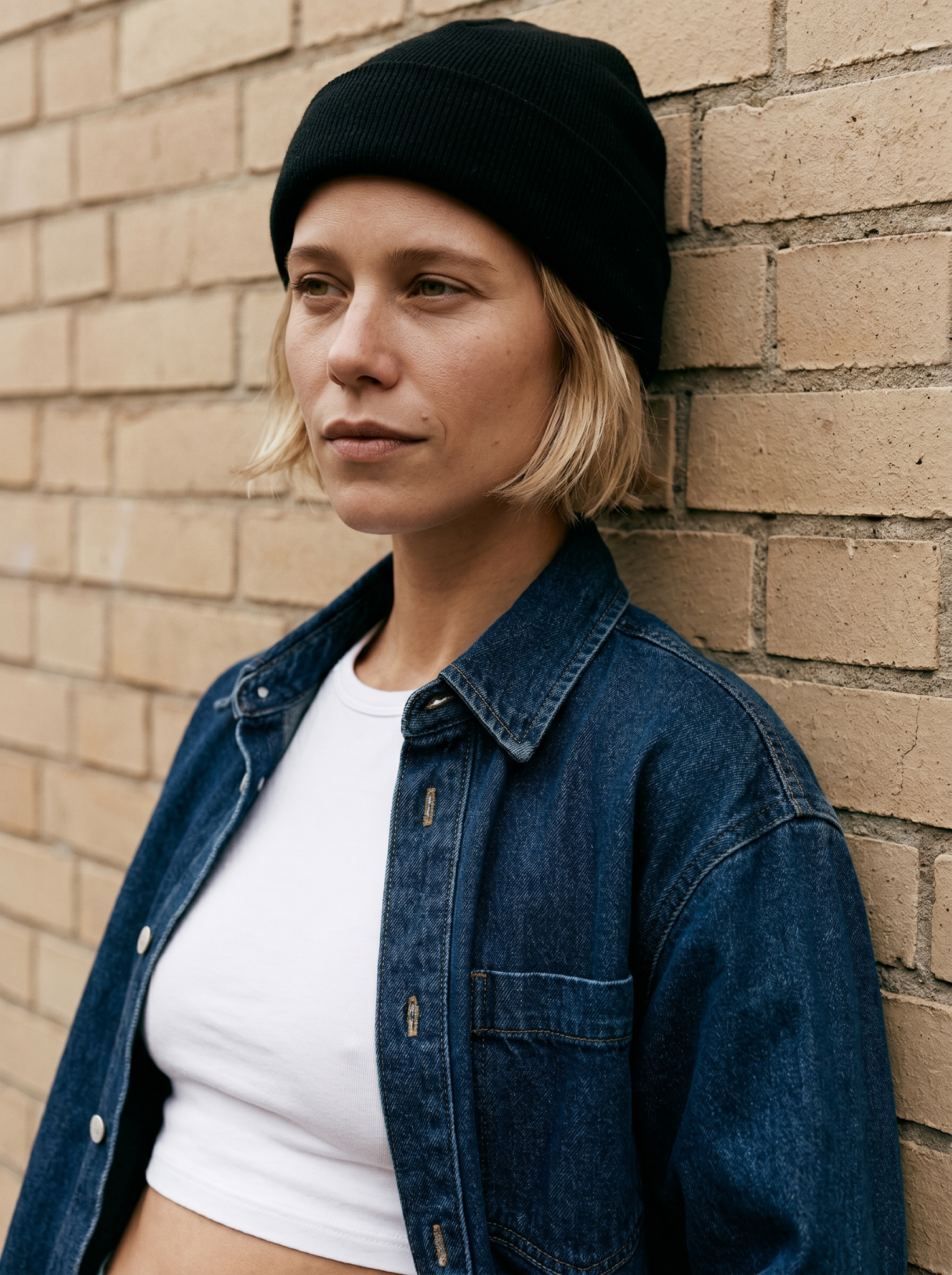 Portrait directrice artistique – mur brique beige, extérieur studio