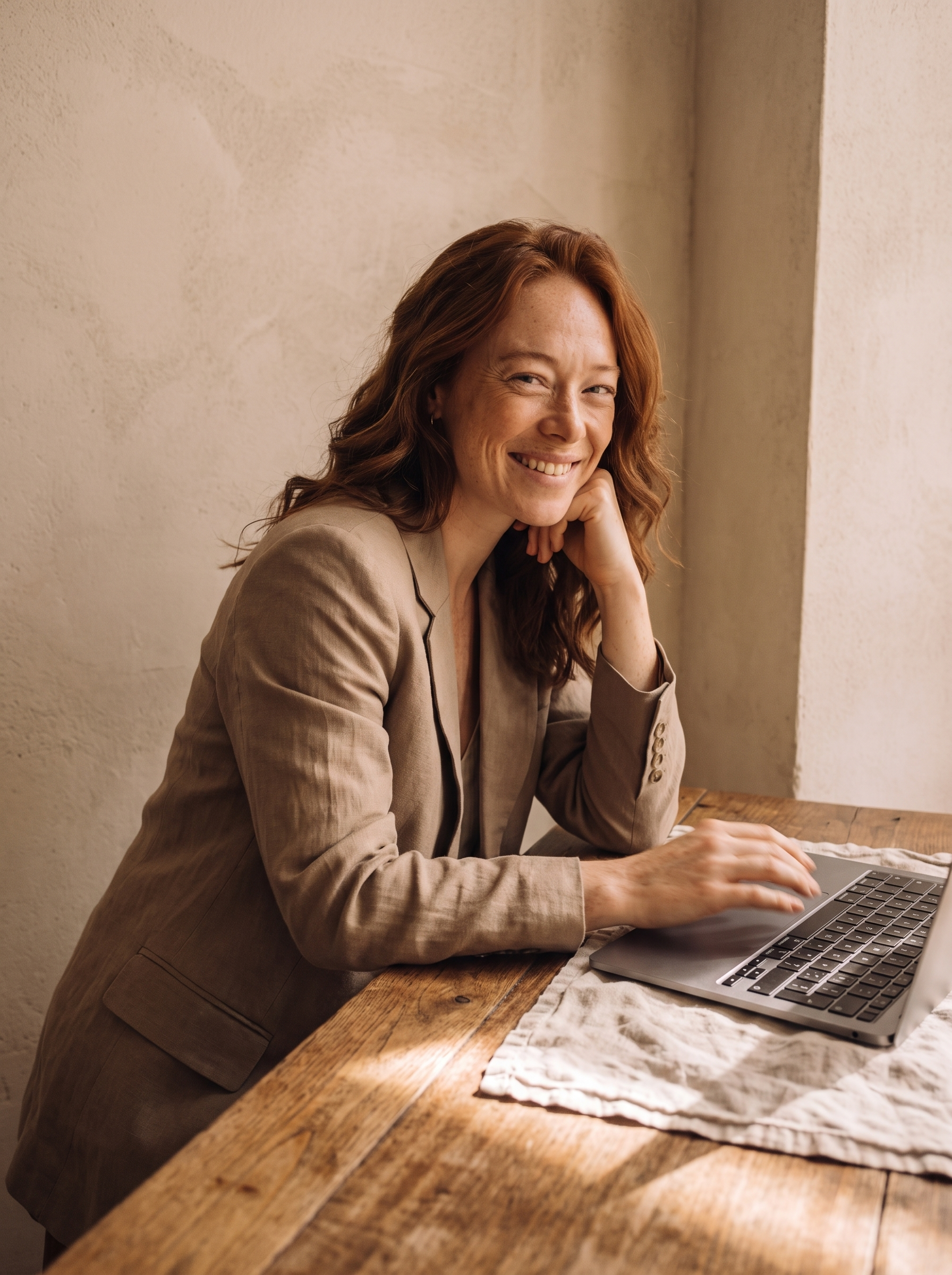 Femme rousse en blazer lin souriant devant son laptop sur une table rustique