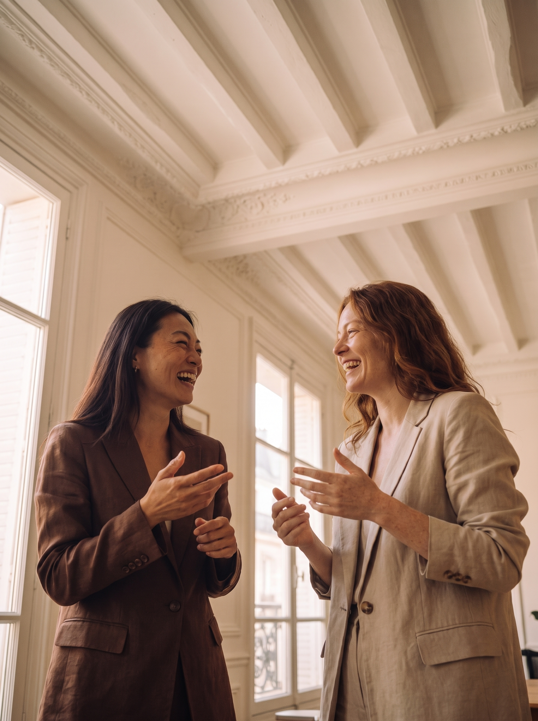 Deux associées en conversation joyeuse dans un appartement parisien lumineux aux moulures