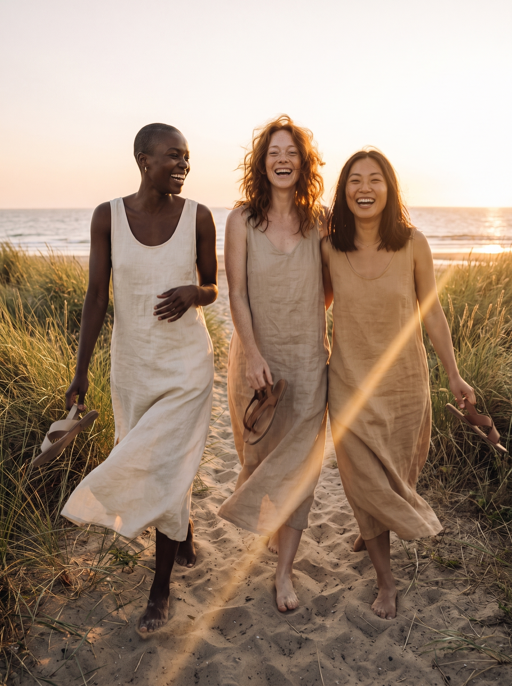 Trois amies marchant sur la plage en robes lin au coucher du soleil