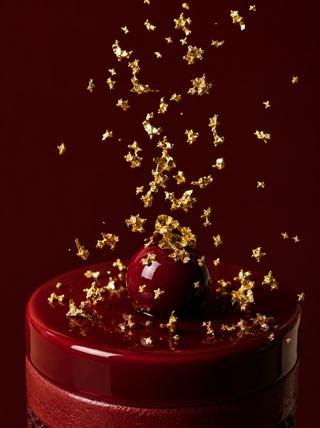 Entremets cylindrique glaçage bordeaux – pluie d'éclats de feuilles d'or en lévitation, fond rouge