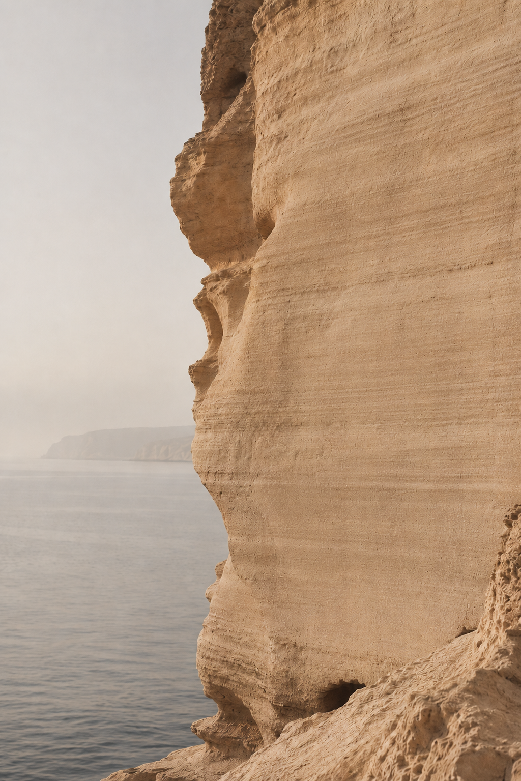 Falaise calcaire imposante en contre-plongée – stries géologiques, mer brumeuse, ciel pâle