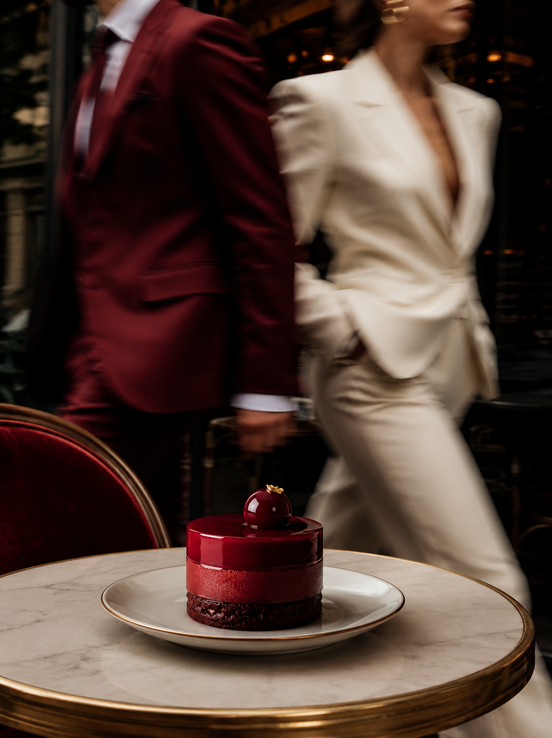 Entremets glaçage bordeaux sur table brasserie – couple en mouvement, homme bordeaux, femme crème