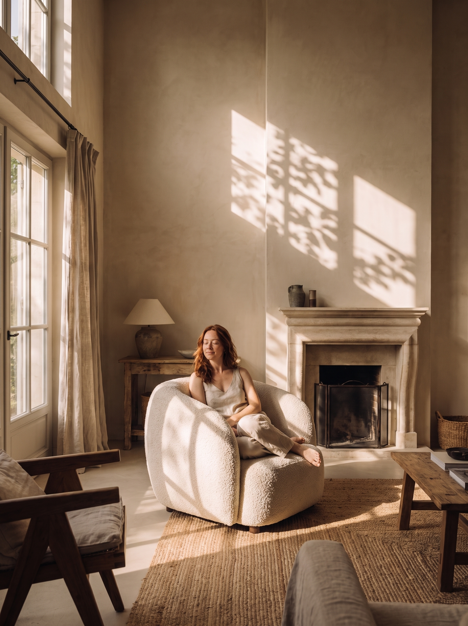 Femme rousse méditant dans un salon provençal avec ombres de feuilles