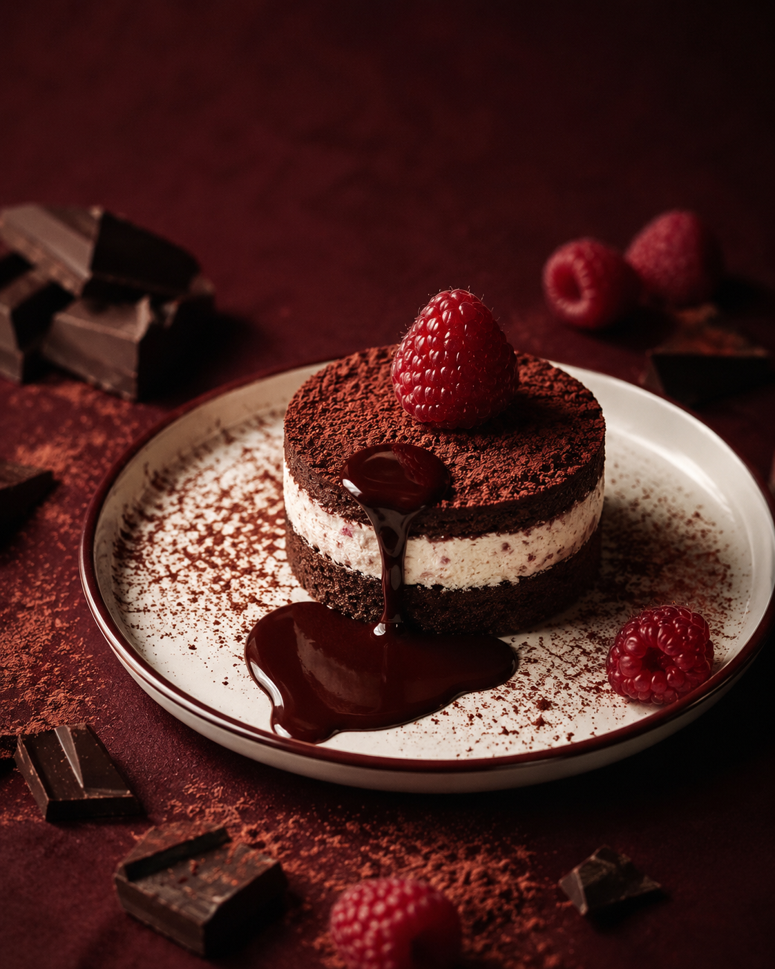 Entremets cacao et crème avec framboise – coulis coulant, assiette blanche, fond bordeaux