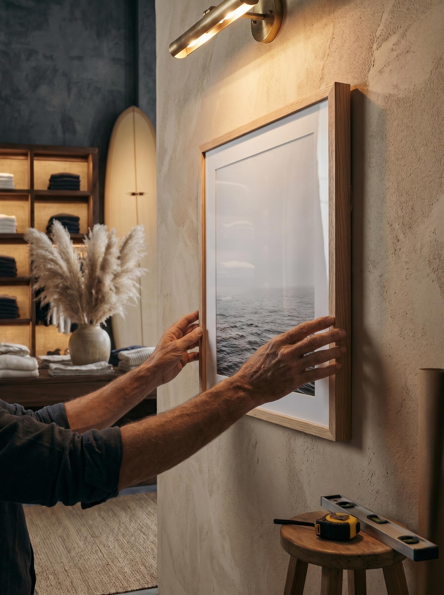 Mains accrochant un tableau de mer encadré dans une boutique