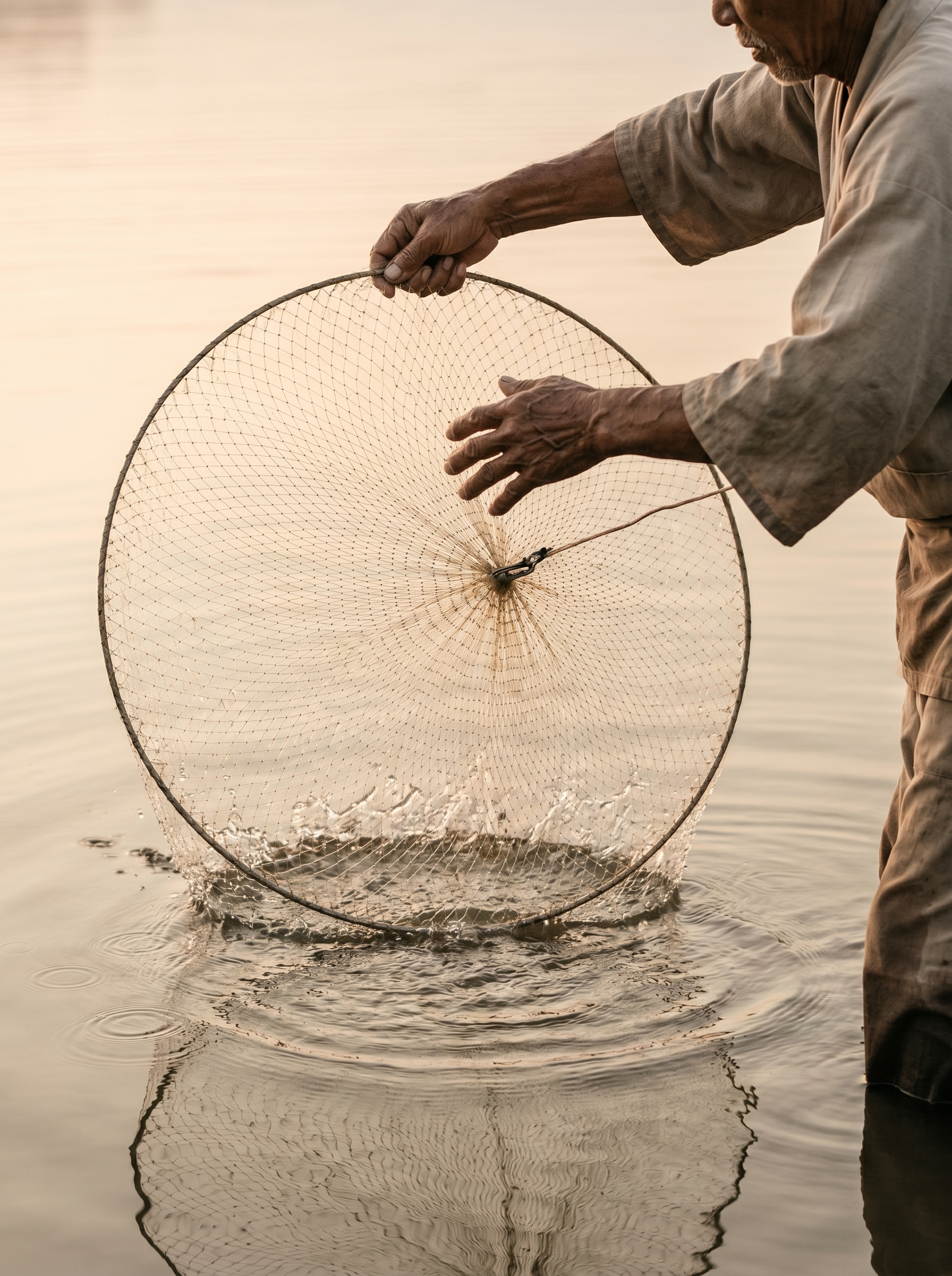 Pêcheur debout dans l'eau extrayant un filet circulaire traditionnel en osier à l'aube, rivière calme, lumière dorée