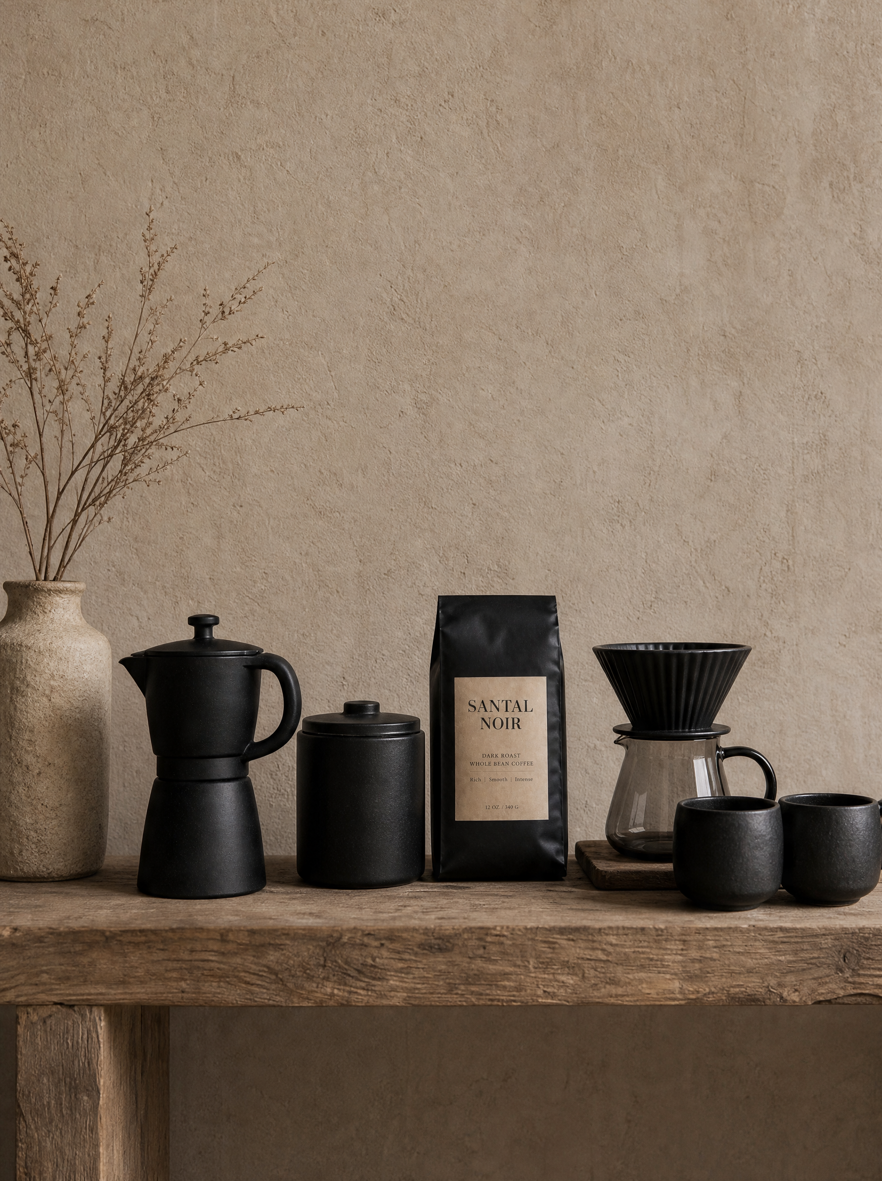 Alignement accessoires café noirs sur étagère bois – cafetière moka, bocal, dripper verre, mugs, mur texturé