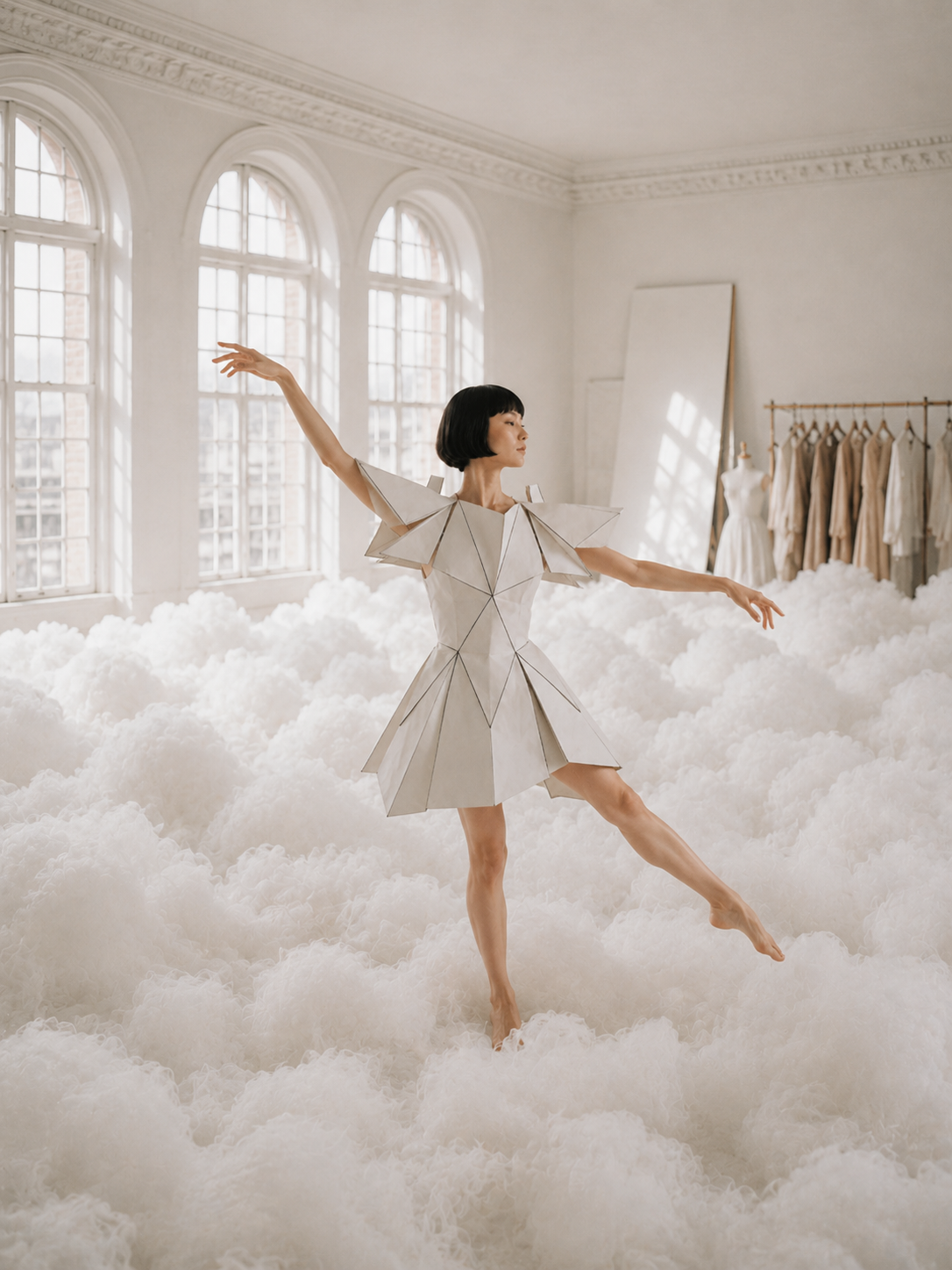Femme en robe géométrique blanche dansant dans un studio parmi des nuages de coton