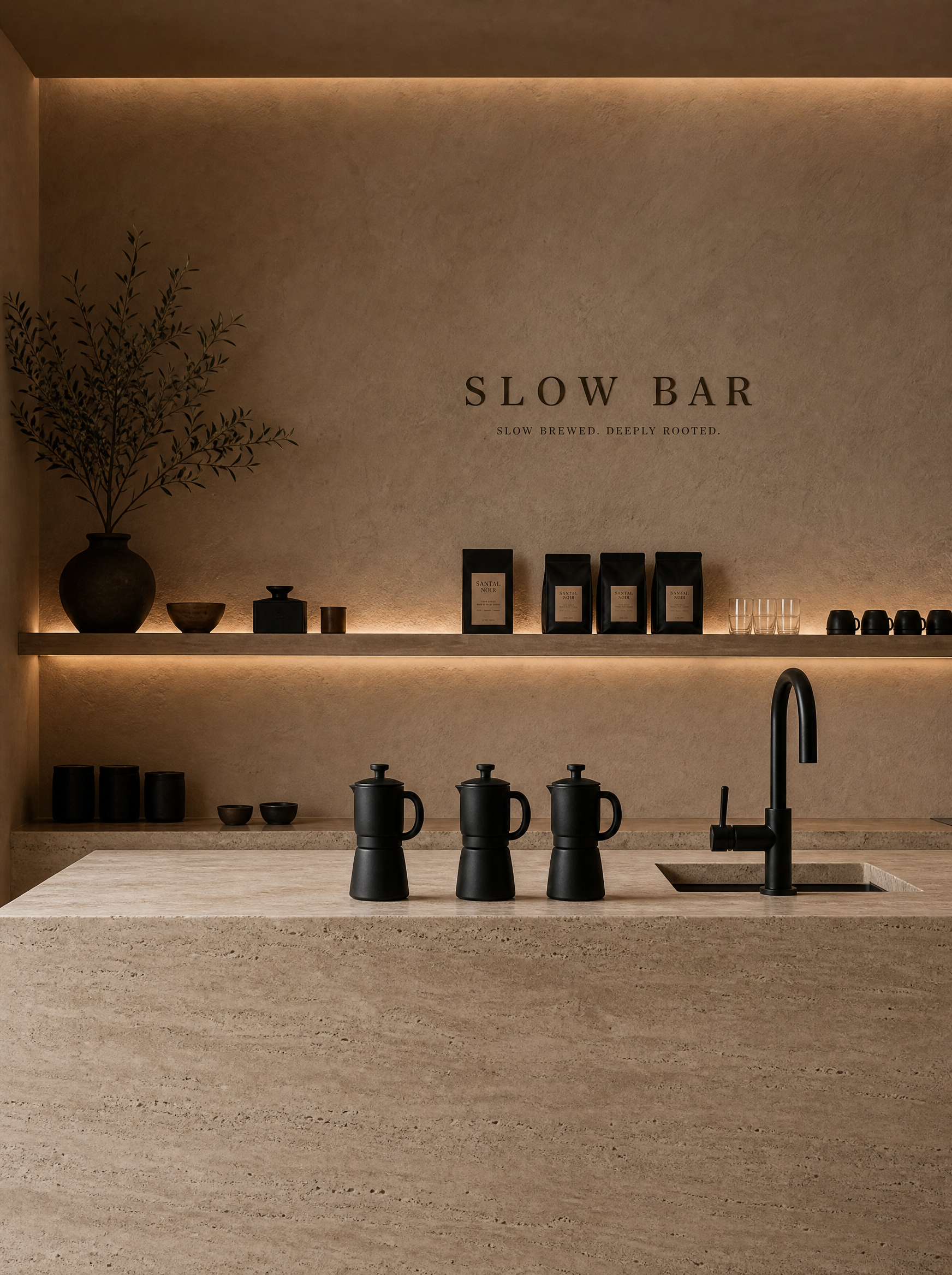 Comptoir bar café artisanal minimaliste – trois cafetières moka, robinet noir, étagère LED, plante