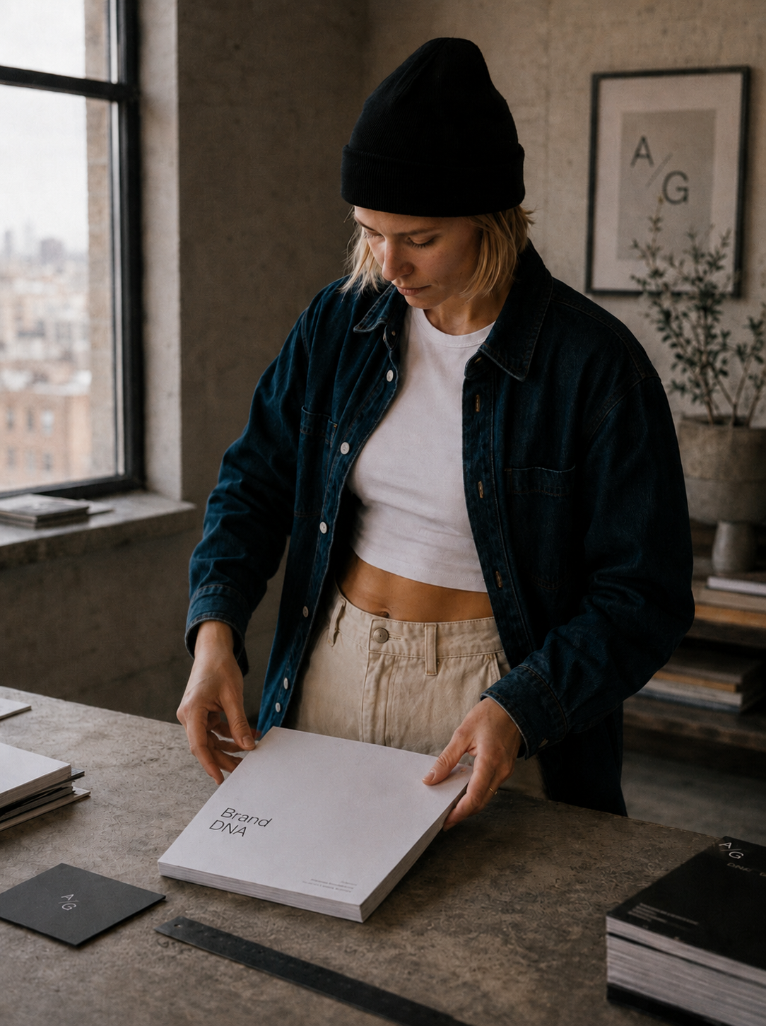 Directrice artistique – livre identité de marque, studio lumineux, fenêtre