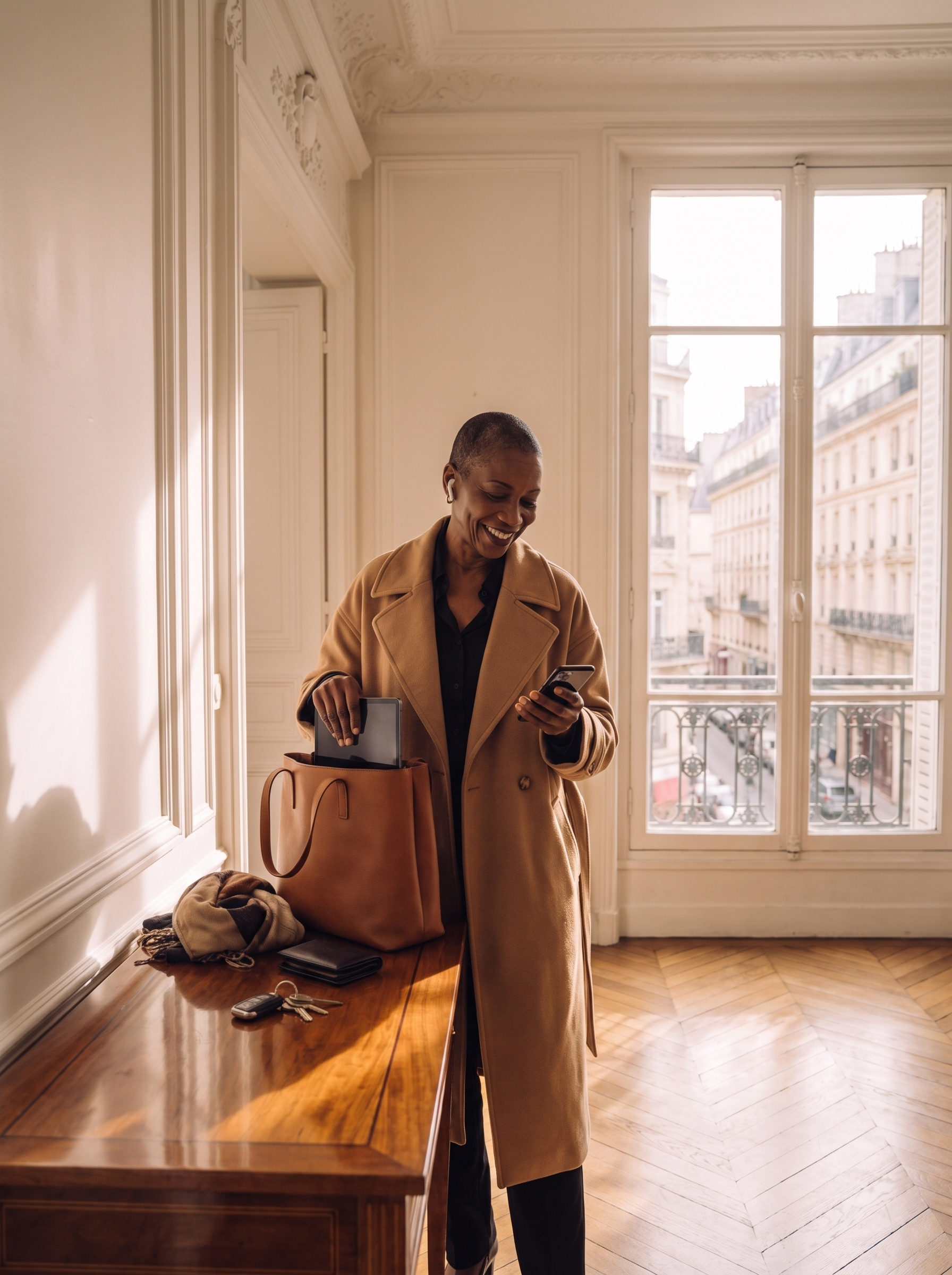 Femme senior noire en manteau camel consultant son téléphone dans un appartement parisien