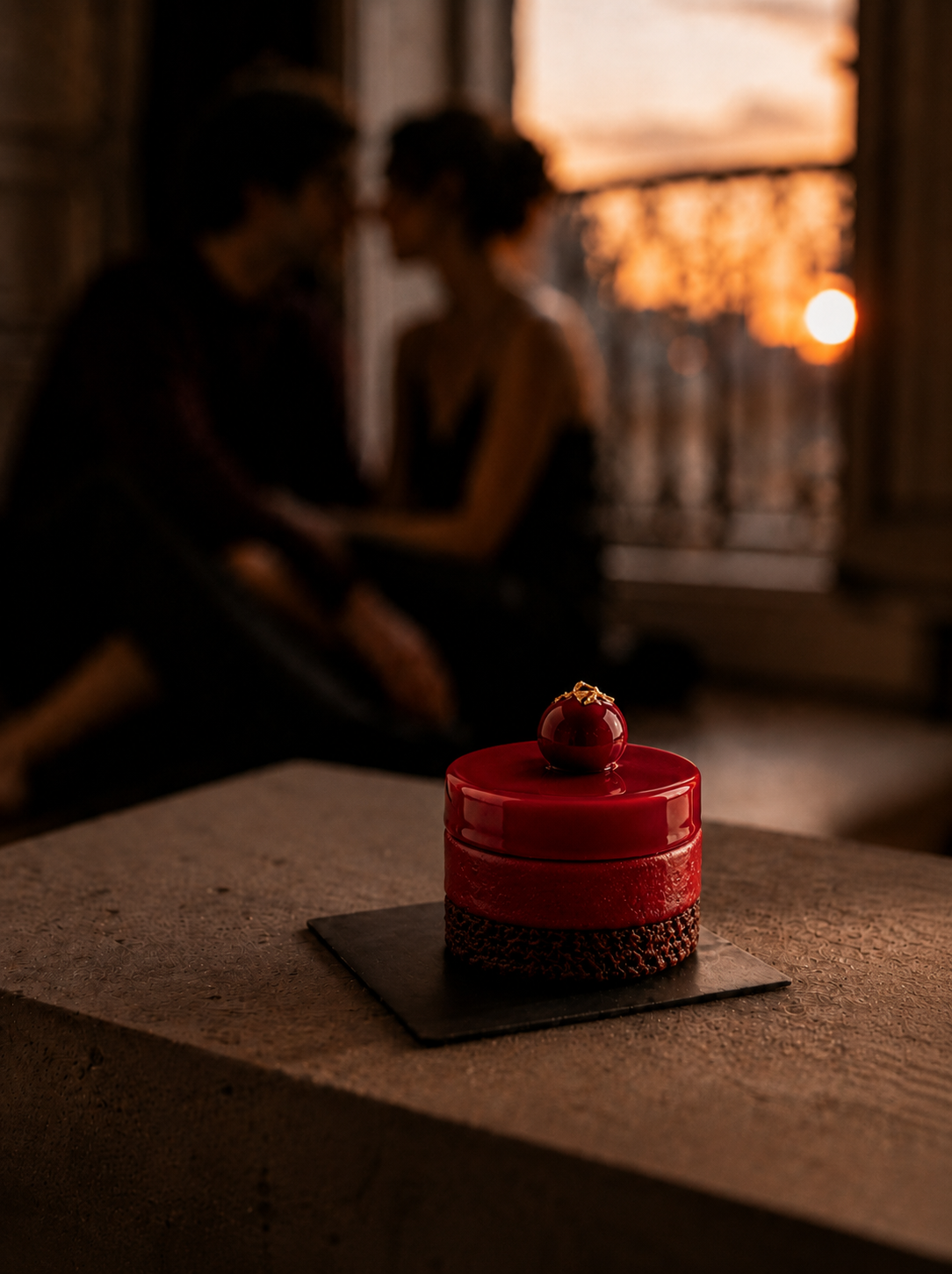 Gâteau individuel rouge laqué sur ardoise noire, couple flou en fond devant fenêtre parisienne au coucher de soleil