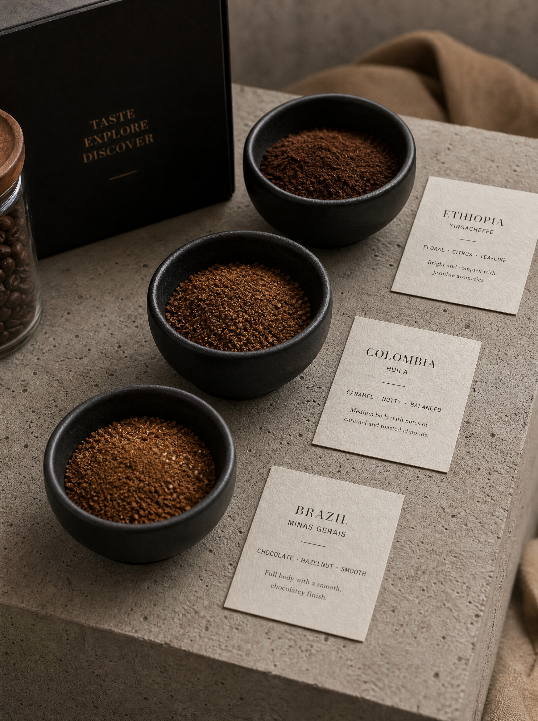 Trois bols café moulu de crus différents – étiquettes origines, boîte dégustation, comptoir béton