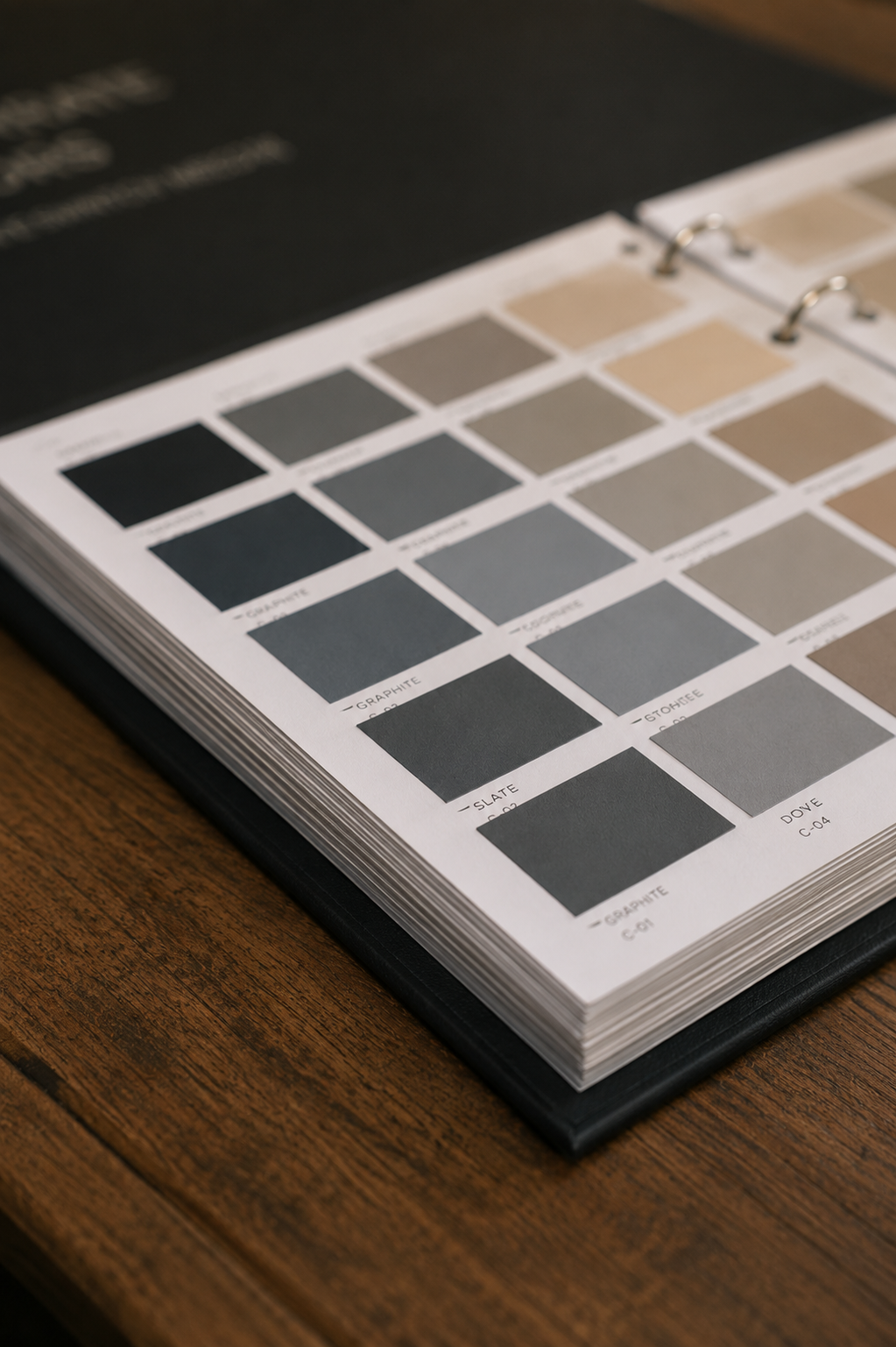 Livre « Corporate Colors — Master Swatch Bridge » ouvert sur table bois foncé révélant pages de swatches gris et anthracite