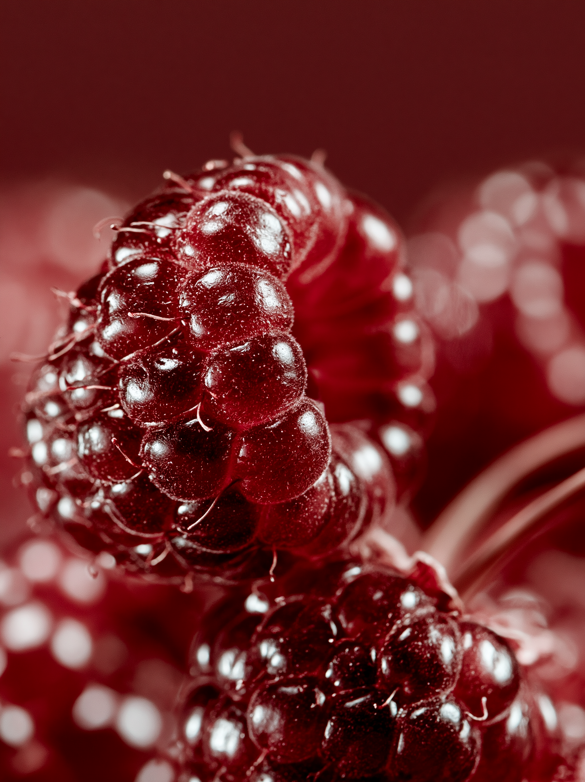 Macro gros plan mûres brillantes avec gouttelettes – texture fruit rouge, fond bordeaux