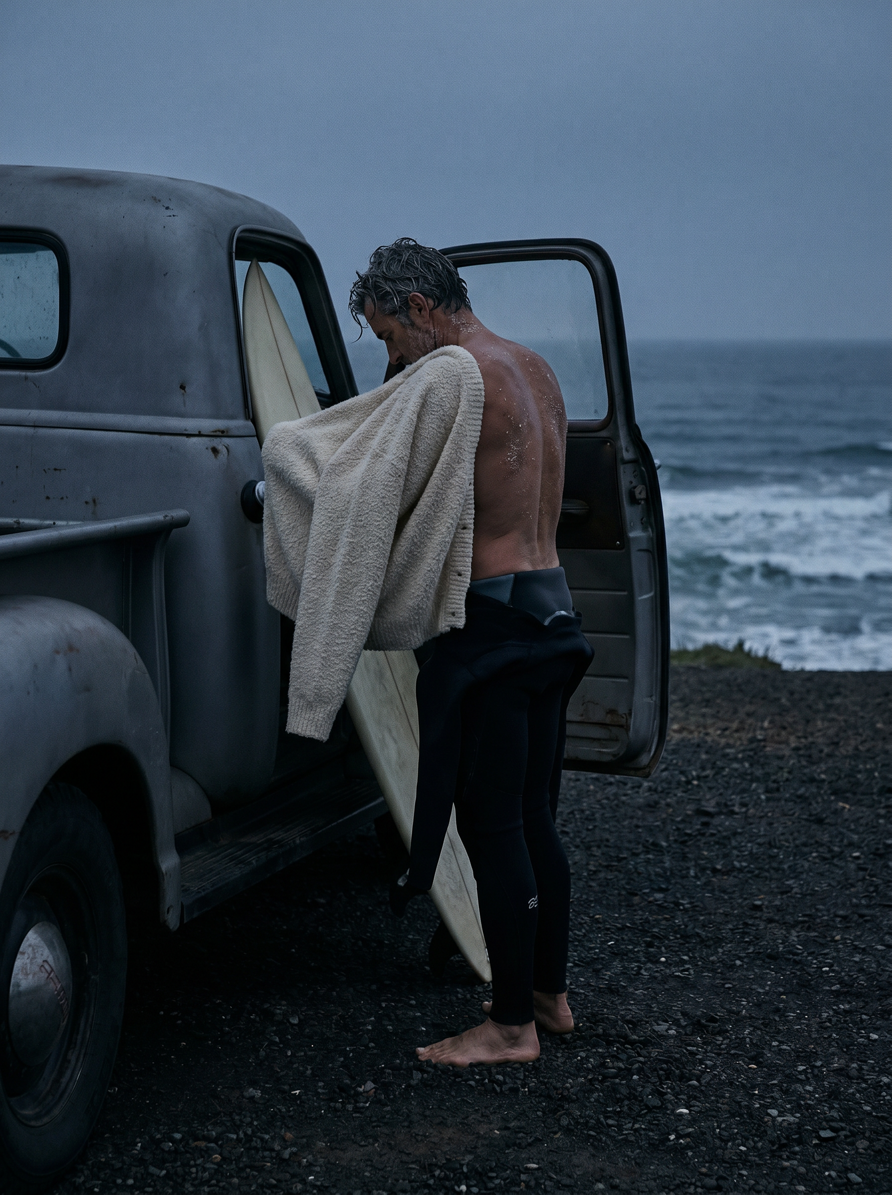 Homme mûr avec plaid sur l'épaule appuyé contre une camionnette vintage en bord de mer