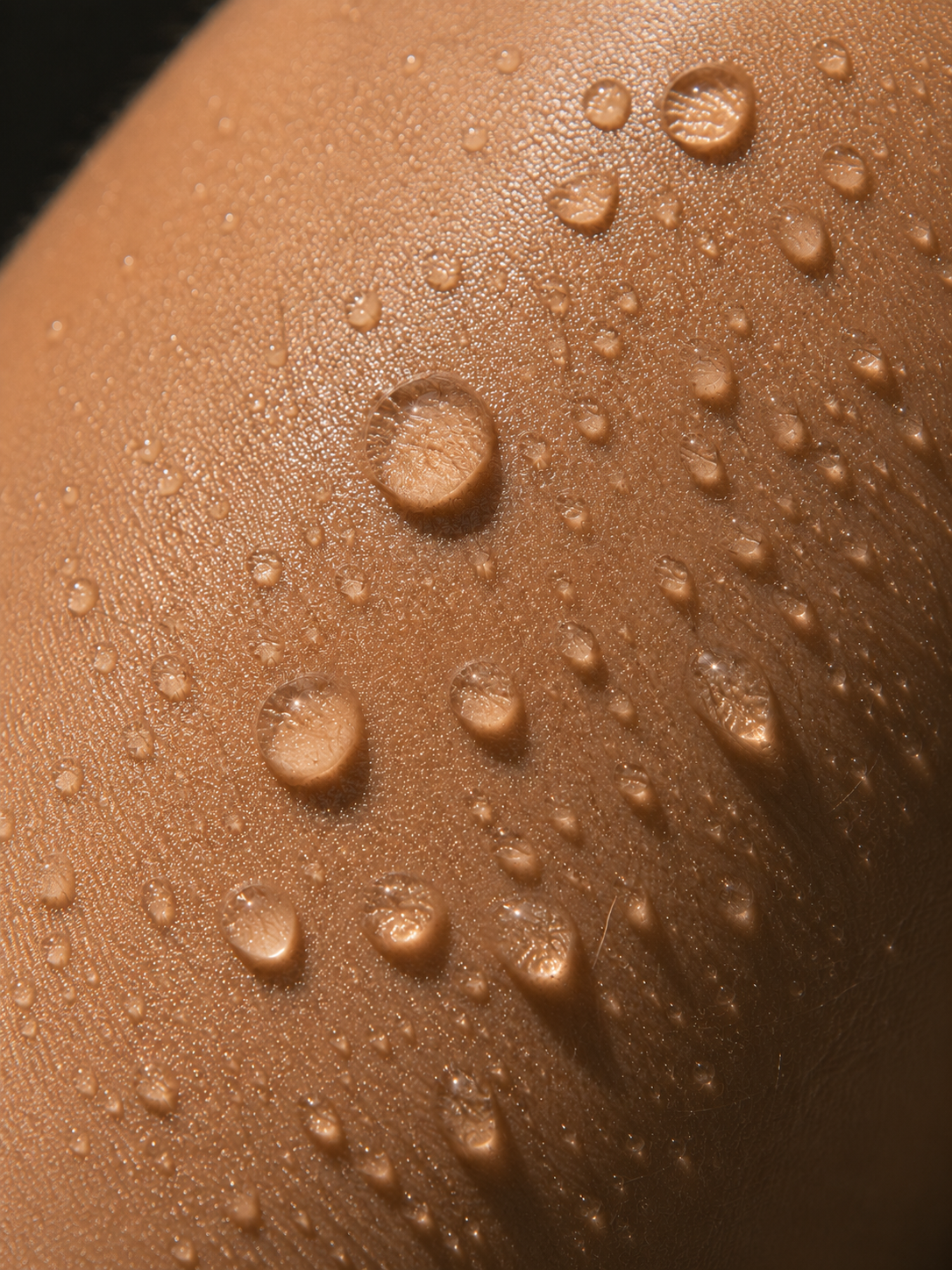 Macro épaule peau noire lumineuse avec gouttelettes d'eau – fond sombre, texture peau parfaite