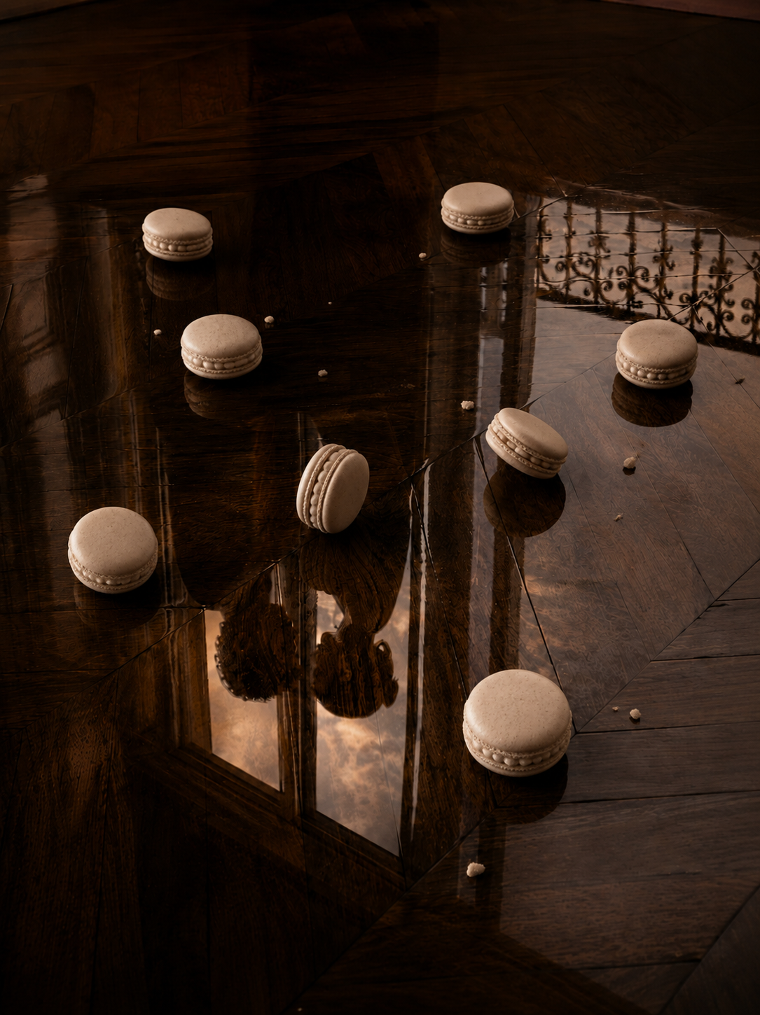 Vue plongeante sur parquet parisien lustré avec macarons blancs éparpillés et reflets, balustrade en fer forgé visible
